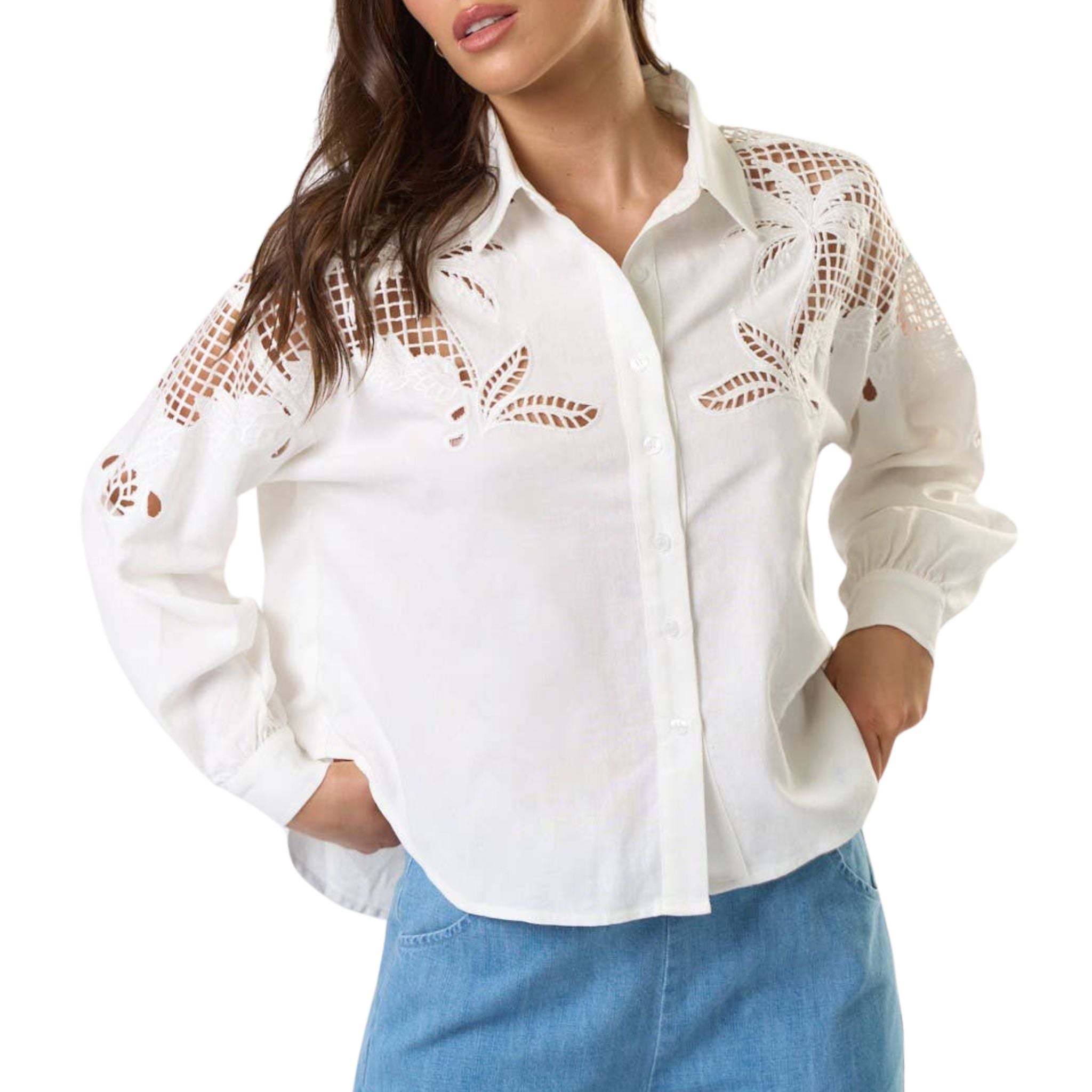 Embroidered Cutout Button Down Shirt for Women - Stylish Floral Blouse with Unique Design, Perfect for Office, Date Night & Casual Outfits