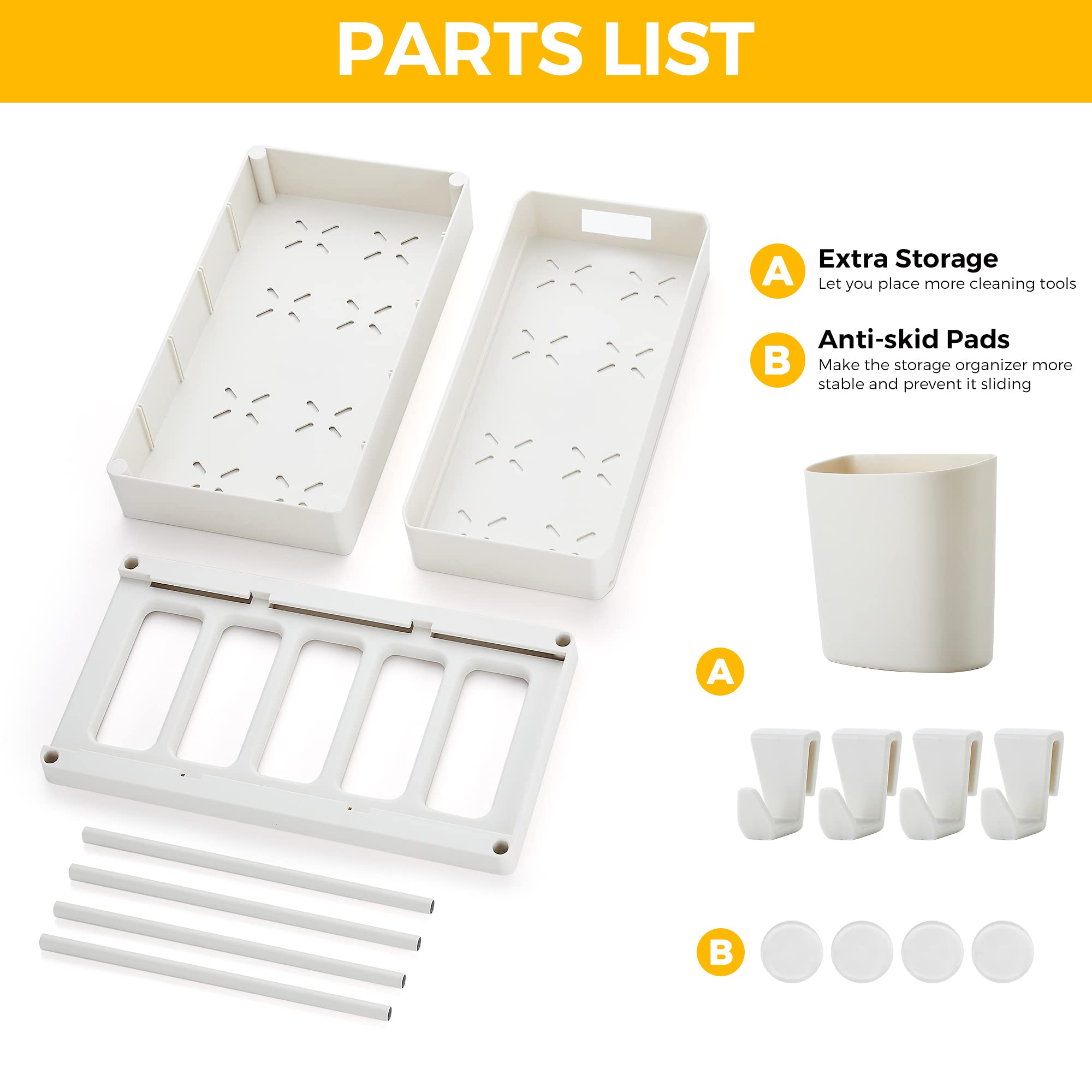 Ravinte 2-Tier Pull Out Under Sink Organizer with Hooks & Hanging Cup - White Sliding Cabinet Storage for Bathroom & Kitchen - Perfect for Maximizing Space Under Sink, Organizing Cleaning Supplies & Beauty Products