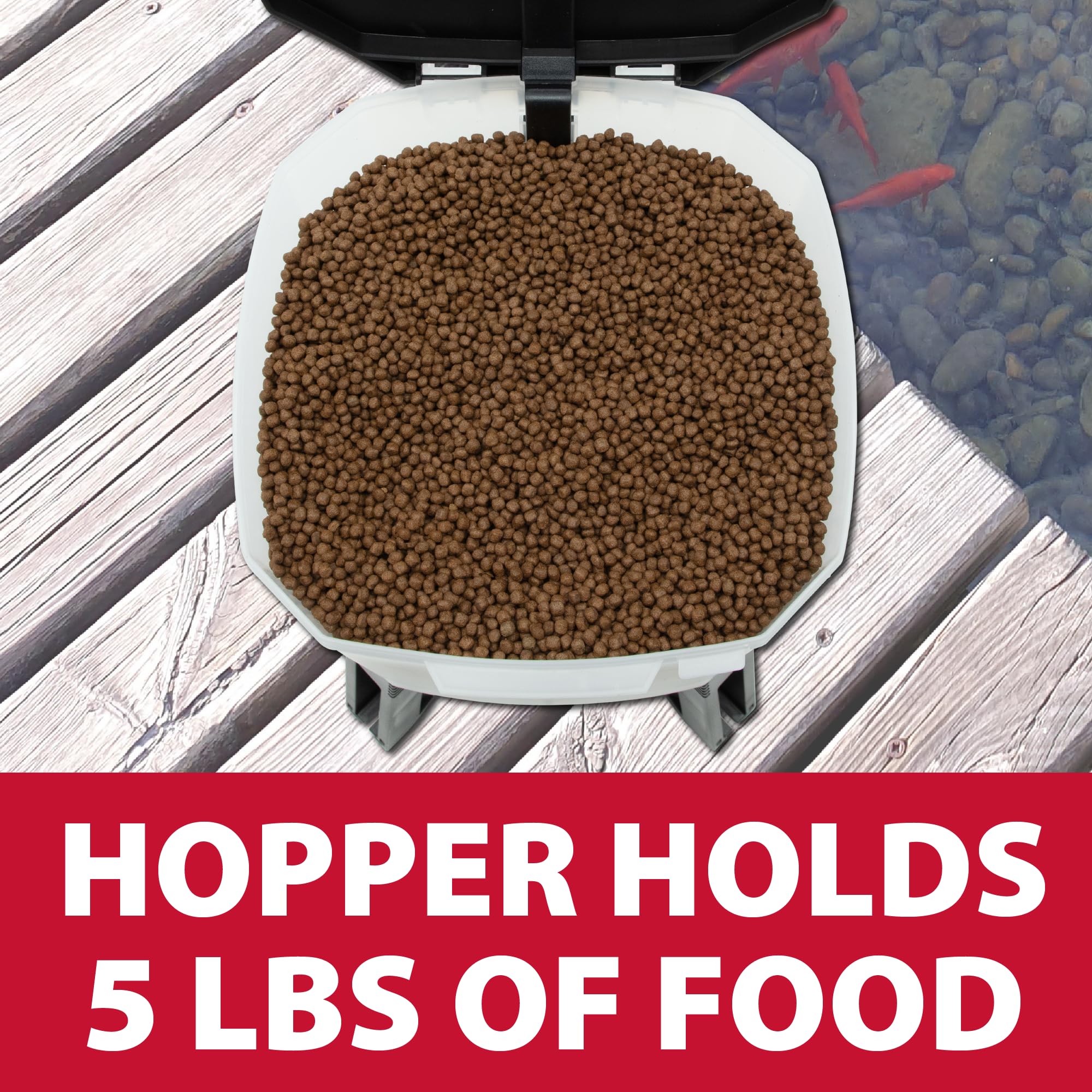 The Pond Guy KoiGrower Automatic Pond Fish Food Dispenser - Solar, Battery & AC Powered Koi Pellet Feeder with 5 Gallon Capacity - Perfect for Outdoor Koi Ponds & Water Gardens