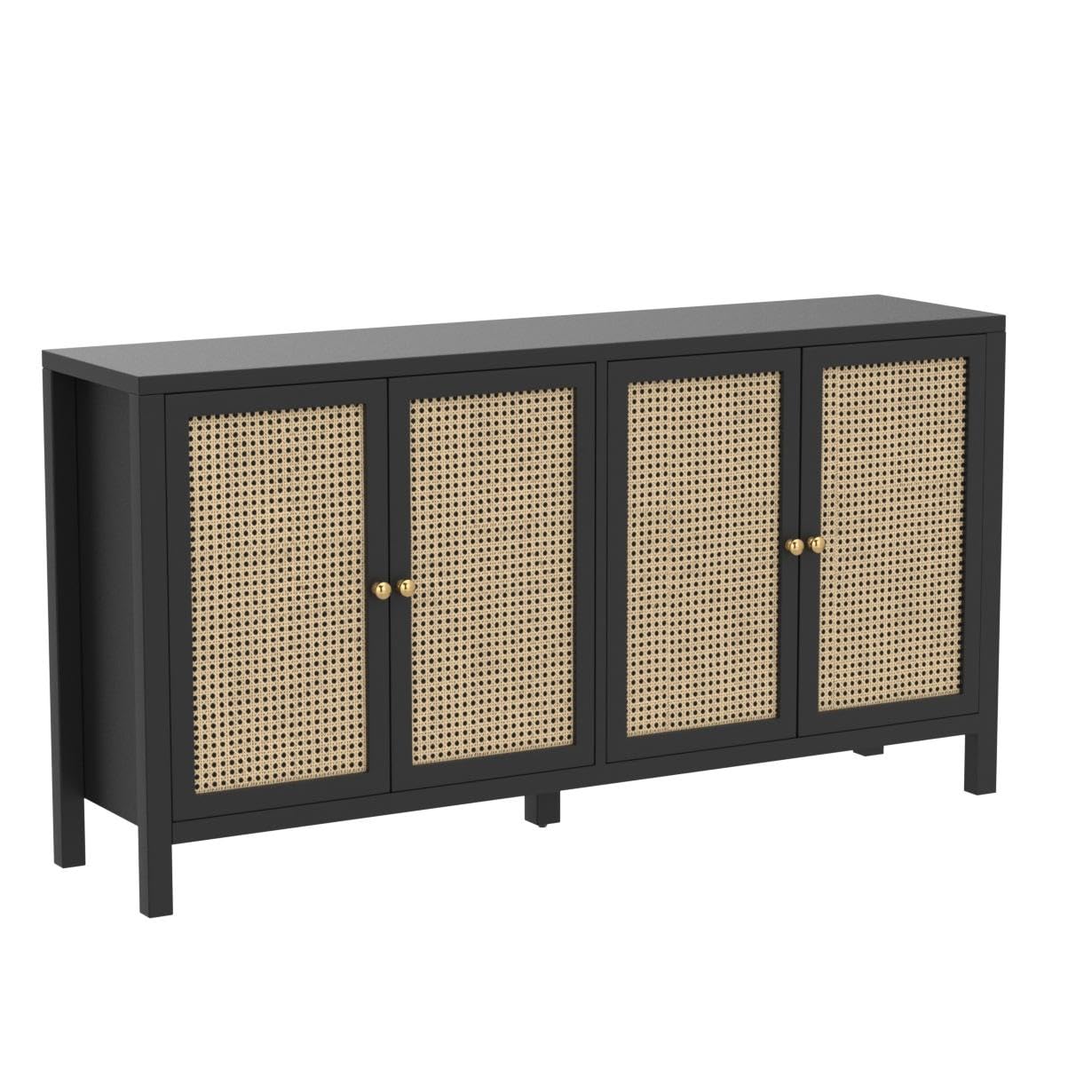 QHITTY 4-Door Rattan Sideboard Buffet Cabinet with Adjustable Shelves - Storage Console Table for Kitchen, Dining Room, Living Room & Hallway - Perfect for Organizing Dishes, Linens & Home Decor (Black)