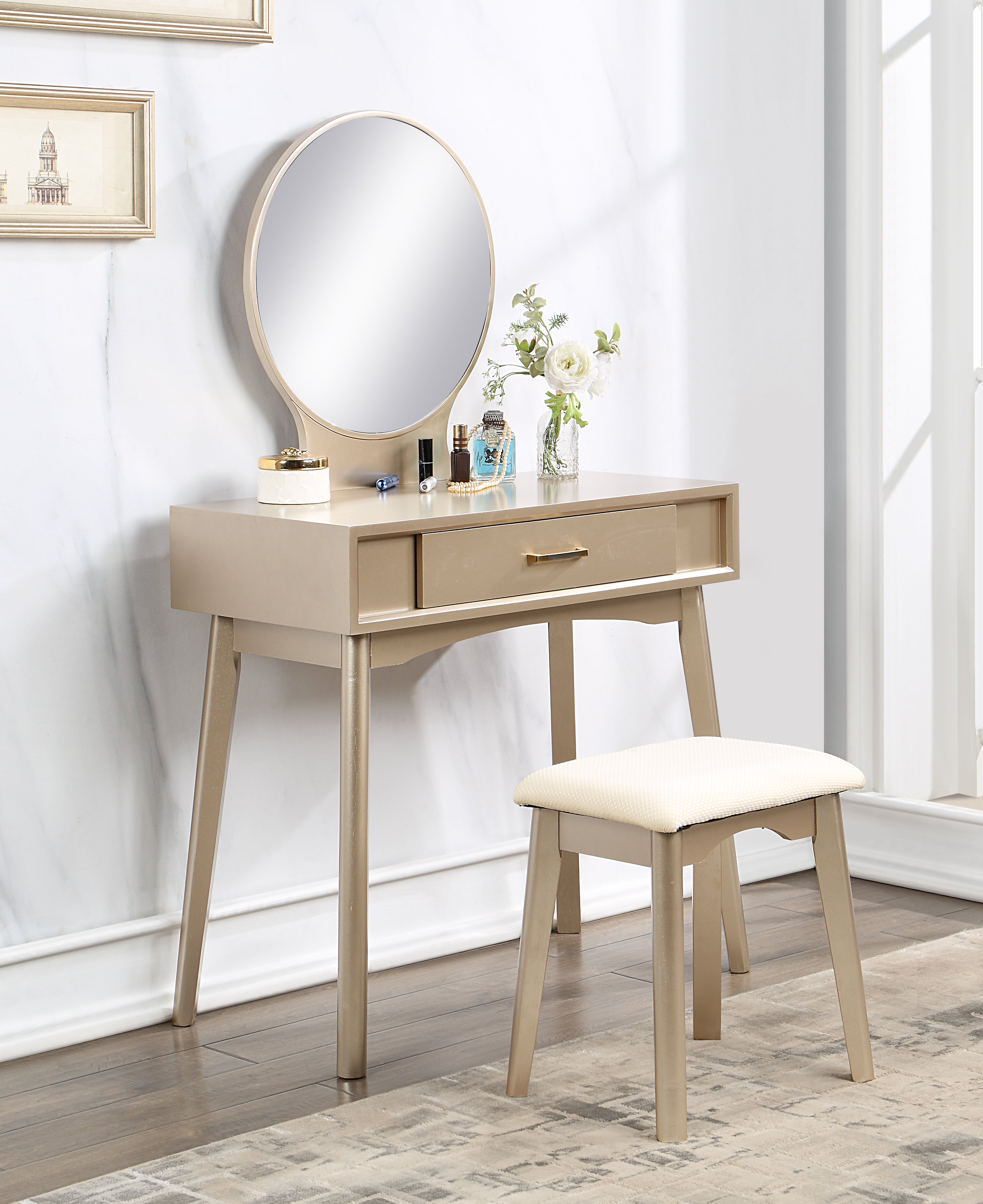 Roundhill Furniture Maly Contemporary Wood Vanity and Stool Set in Gold - Modern Dressing Table with Stool for Bedroom, Bathroom & Makeup Area