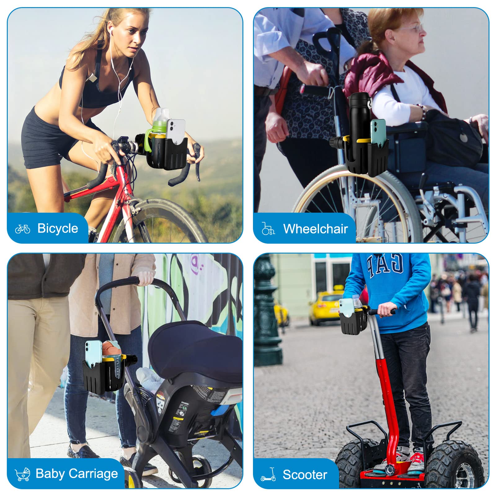 **Accmor Universal 2-in-1 Cup & Phone Holder for Strollers, Bikes, Walkers & Wheelchairs - Black & Yellow - Perfect for Parents, Cyclists & Seniors On-the-Go**