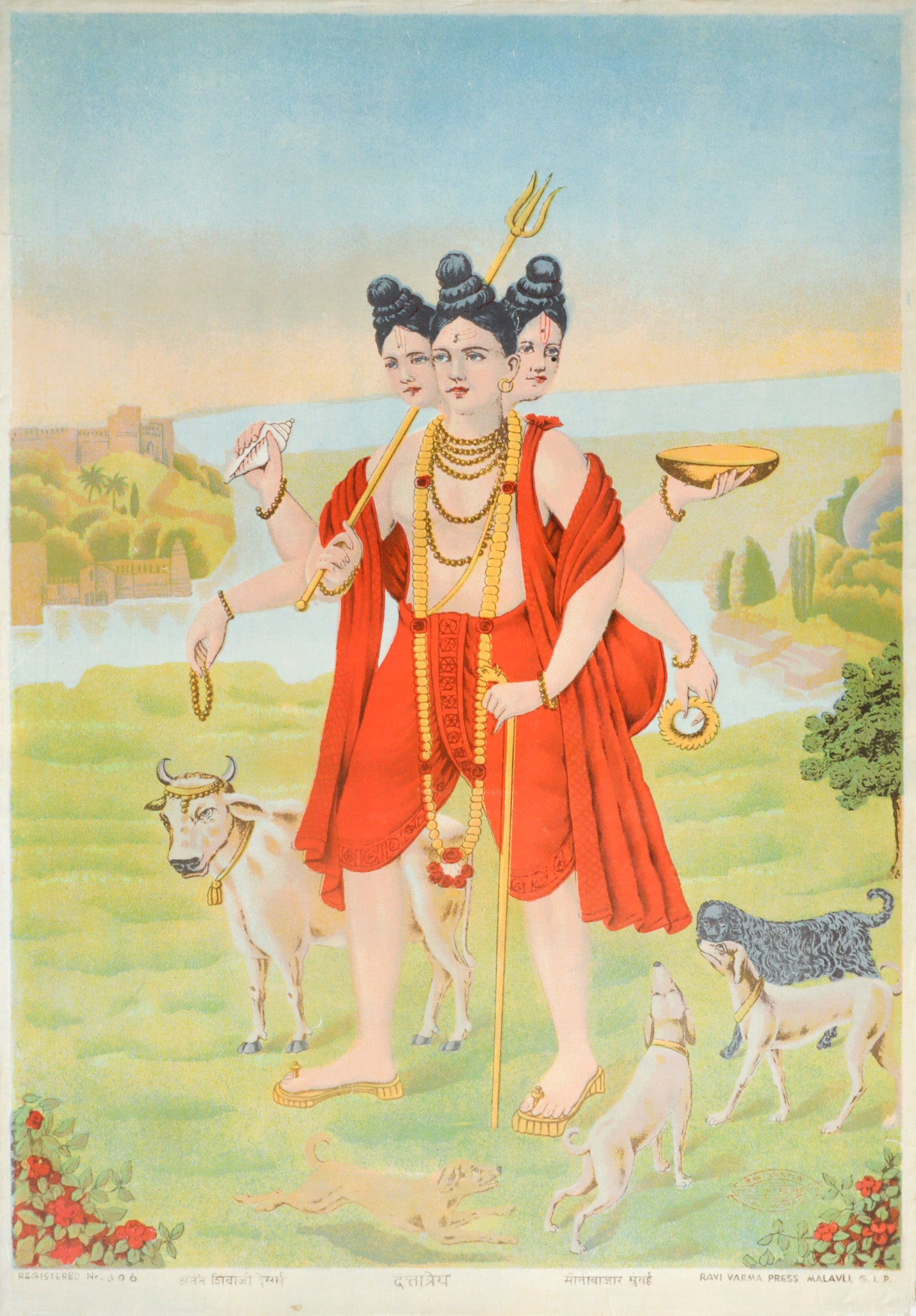 1920 Indian Offset Lithography Print - Dattatreya Three-Headed God with Red Hue (Pitchfork, Shell, Dish) by Ravi Varma Press | Vintage Hindu Art for Home Decor & Spiritual Spaces