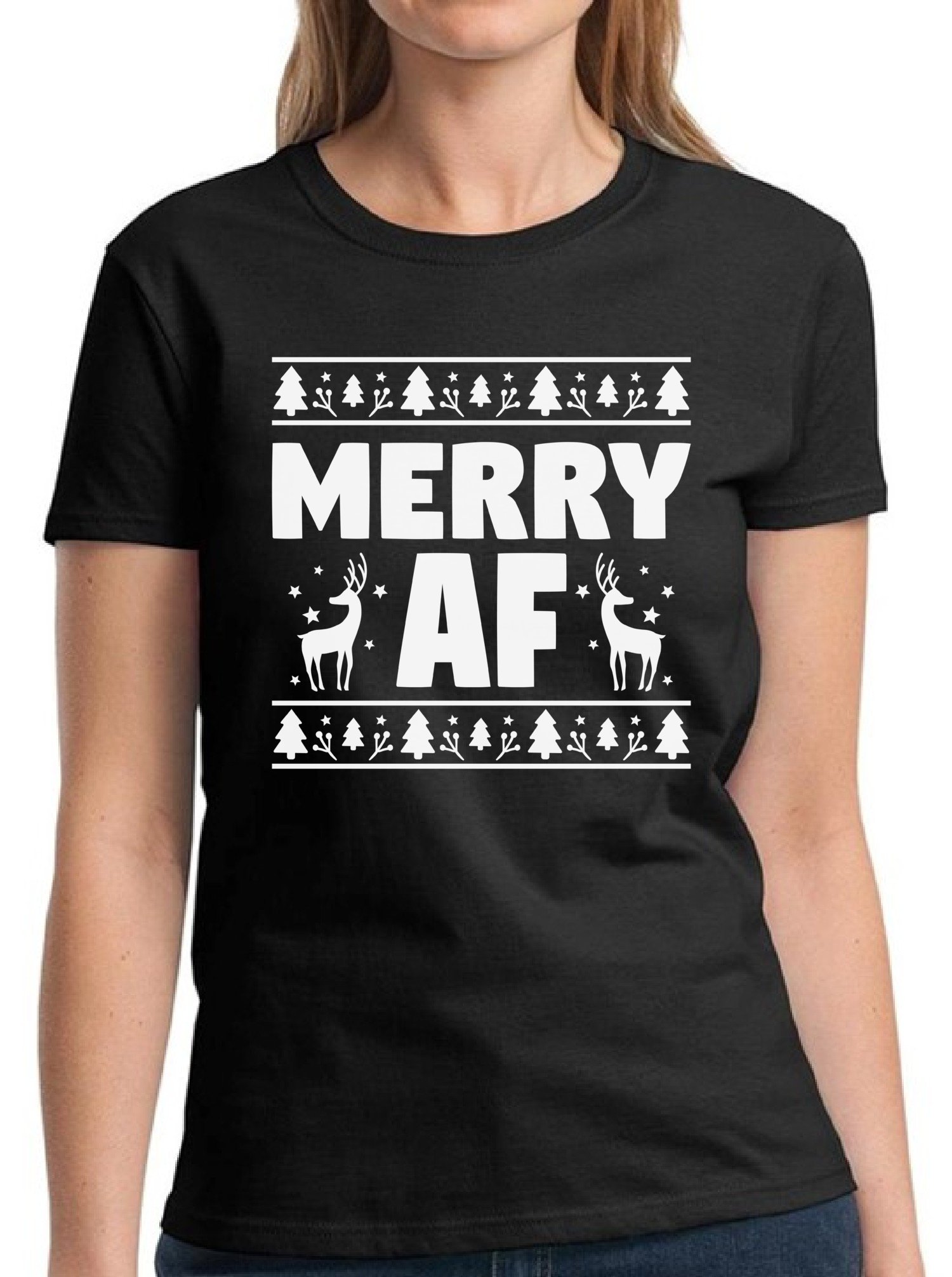 Pekatees Merry AF Christmas T-Shirt for Women - Funny Holiday Ugly Sweater Tee - Perfect for Ugly Christmas Party & Festive Family Gatherings