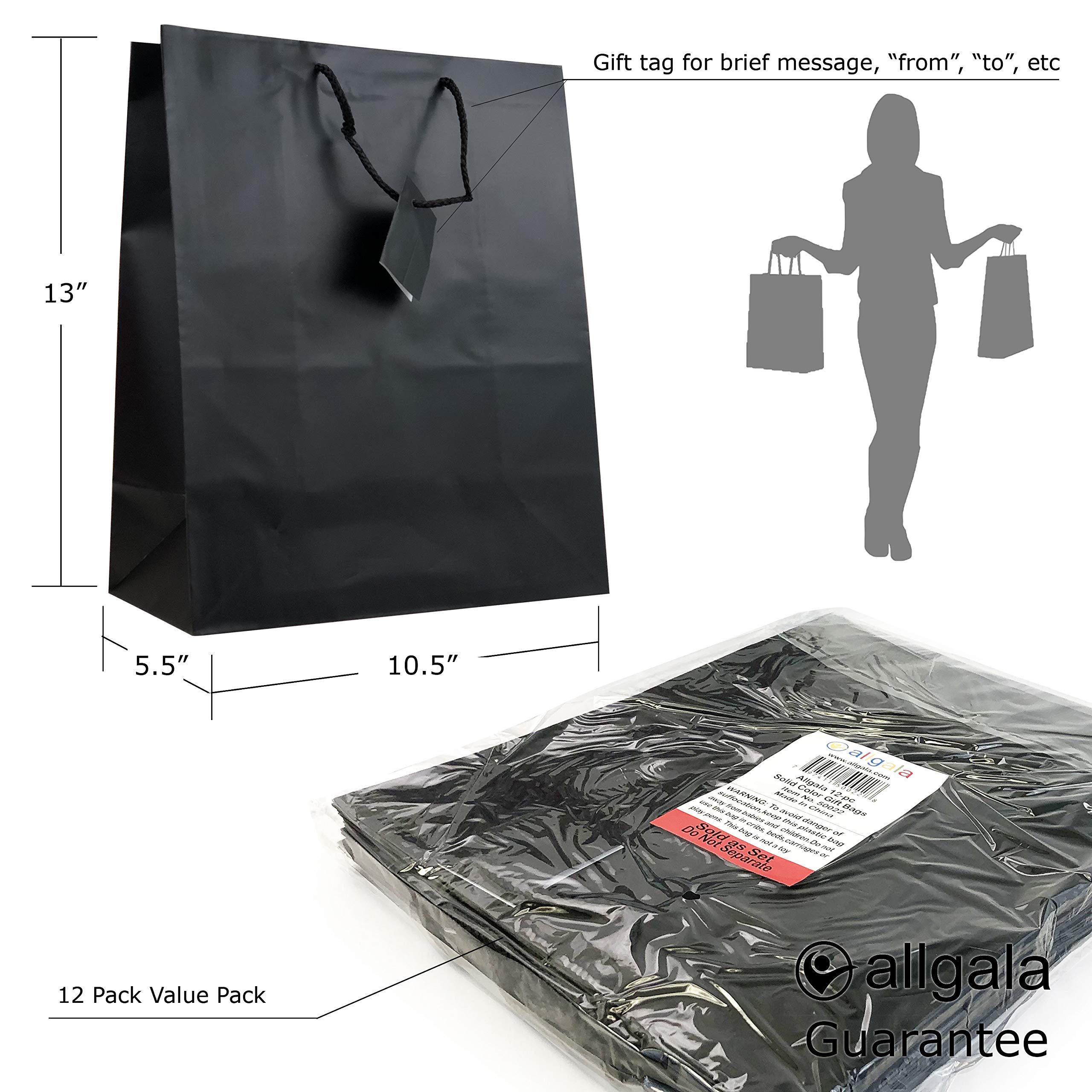 Allgala 12 Pack Large Black Gift Bags with Handles - 13x10x5.5 Inch for Birthday, Wedding, Party, Baby Shower & Christmas | Premium Holiday Party Supplies & Gift Packaging Solution