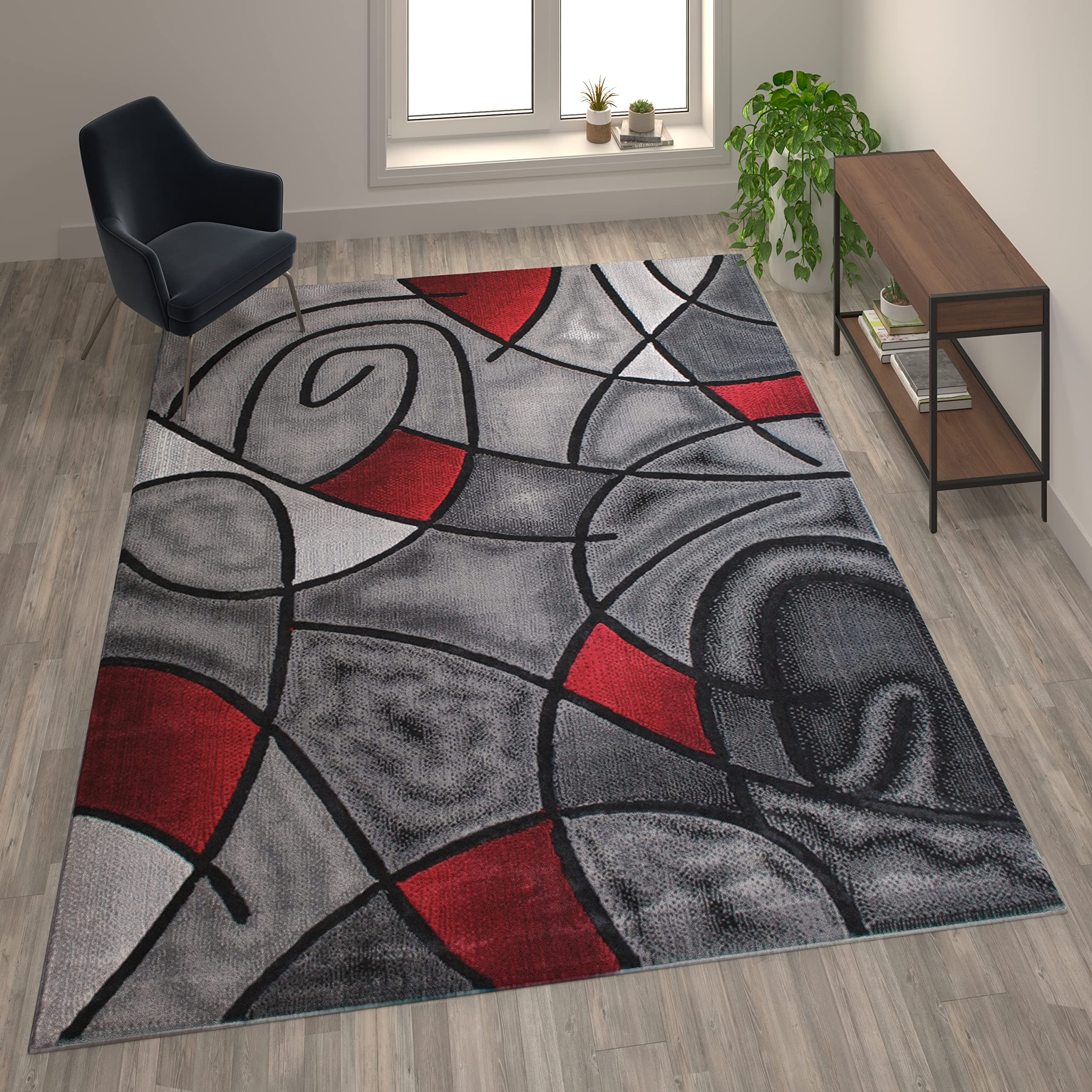 Flash Furniture Jubilee Collection Abstract Area Rug - Colorfast Red Olefin Rug - 8' x 10' - Jute Backing - Stain Resistant & Durable - Perfect for Living Room, Bedroom, Family Room & Office Decor