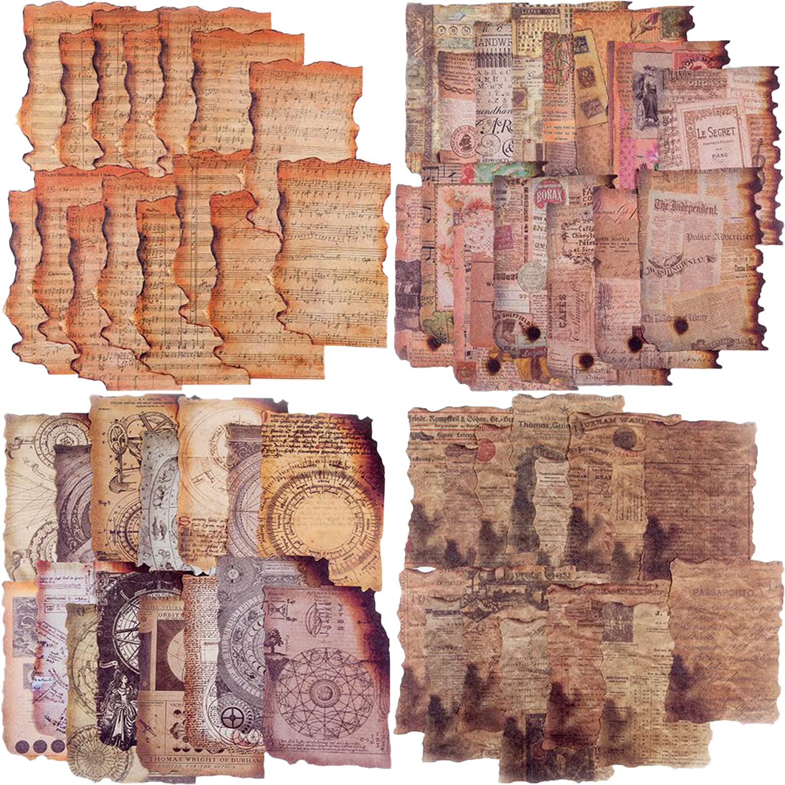 Vintage Burned Scrapbook Paper - 120 Sheets of Antique Old Looking Paper for Bullet Journals, Junk Journals, Planners & Retro Crafts (4 Styles) - Perfect for DIY Scrapbooking, Memory Keeping & Vintage-Themed Projects