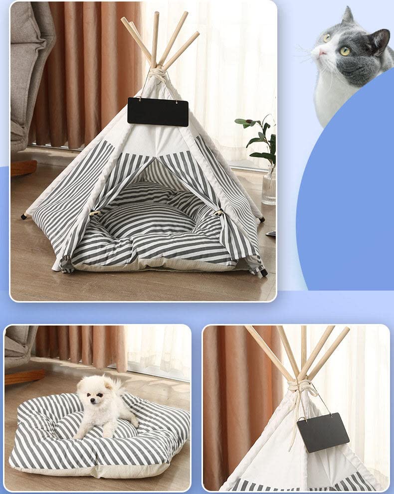 Cozy Dog Teepee Bed for Small Dogs & Pets - Washable Soft Cushion Pet Tent House for Indoor Cats, Puppies & Rabbits with Removable Bed & Name Sign (Grey White Striped) - Perfect for Home, Nursery & Pet Play Areas