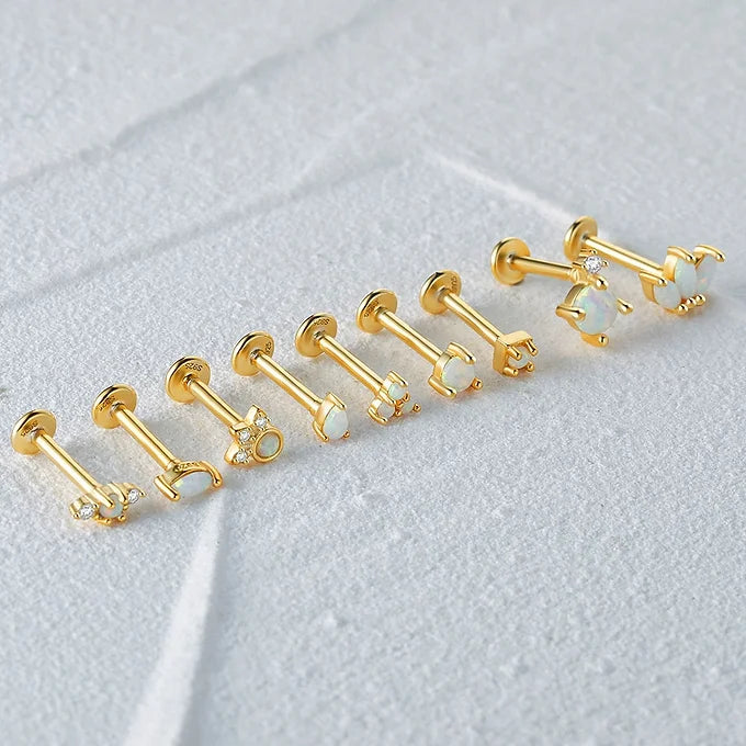 Opal Labret Flat Back Push Pin Earrings - Surgical Steel Body Jewelry for Cartilage, Helix, Nose Piercing | Perfect for Everyday Wear & Special Occasions
