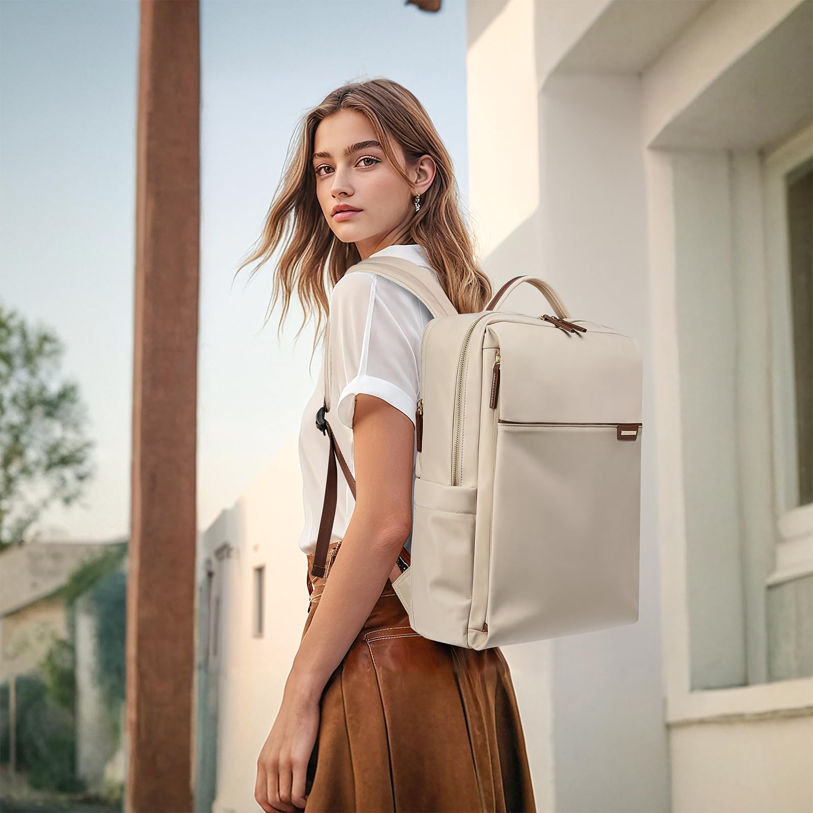 Stylish Waterproof Laptop Backpack for Women - 16 Inch Business Travel Backpack with Dedicated Laptop Compartment - Perfect for Work, College & Daily Commute - Apricot Color