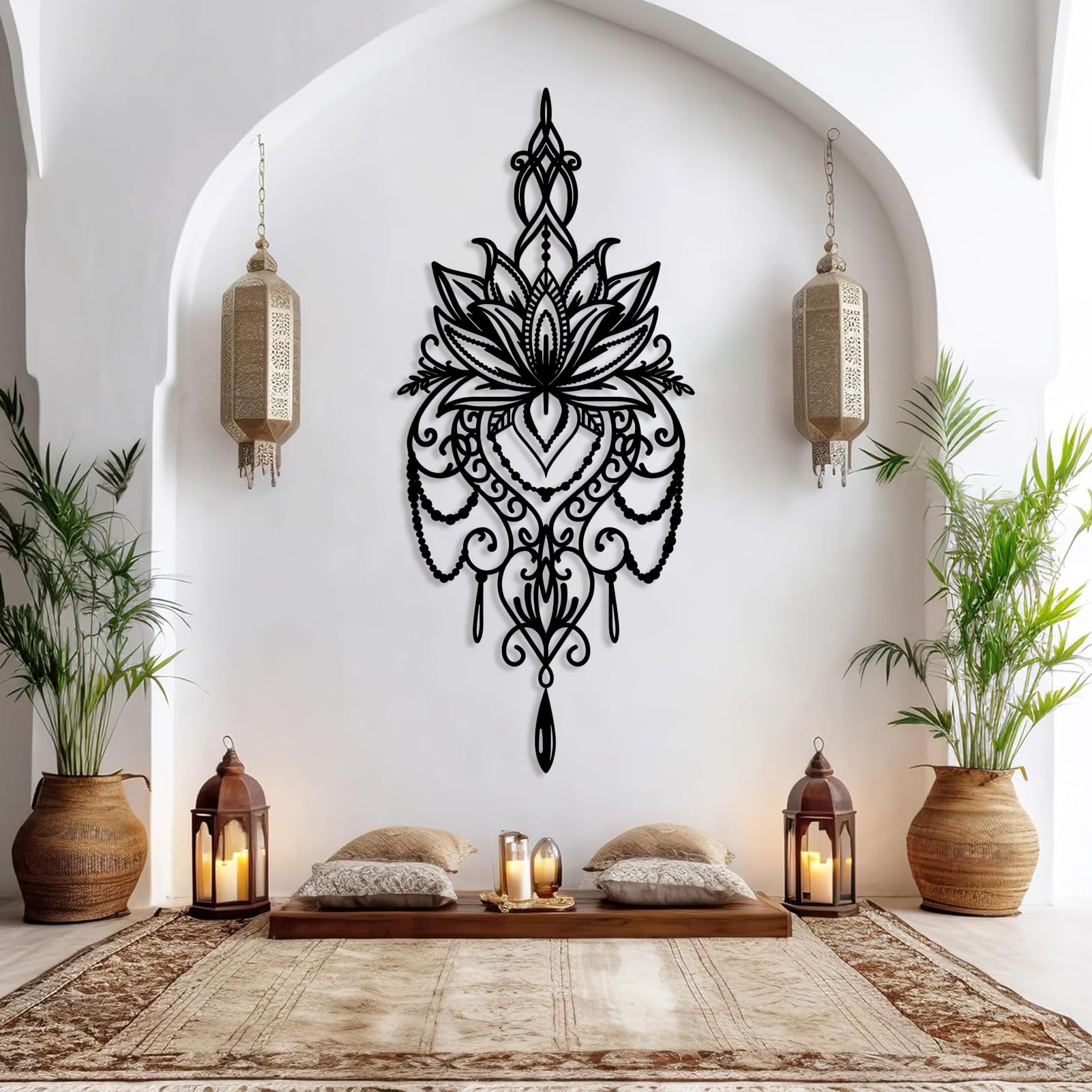 OSTCAL Black Metal Mandala Wall Art Decor - 48x21in (122x53cm) Spiritual Yoga Meditation Wall Hanging for Living Room, Bedroom & Studio - Handcrafted Metal Flower Design for Boho Home Decor