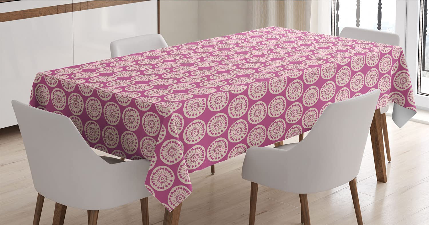 Ambesonne Floral Tablecloth - Modern Doodle Geometric Pattern with Round Spots, Rectangle Satin Dining Table Cover for Kitchen & Dining Room, 60