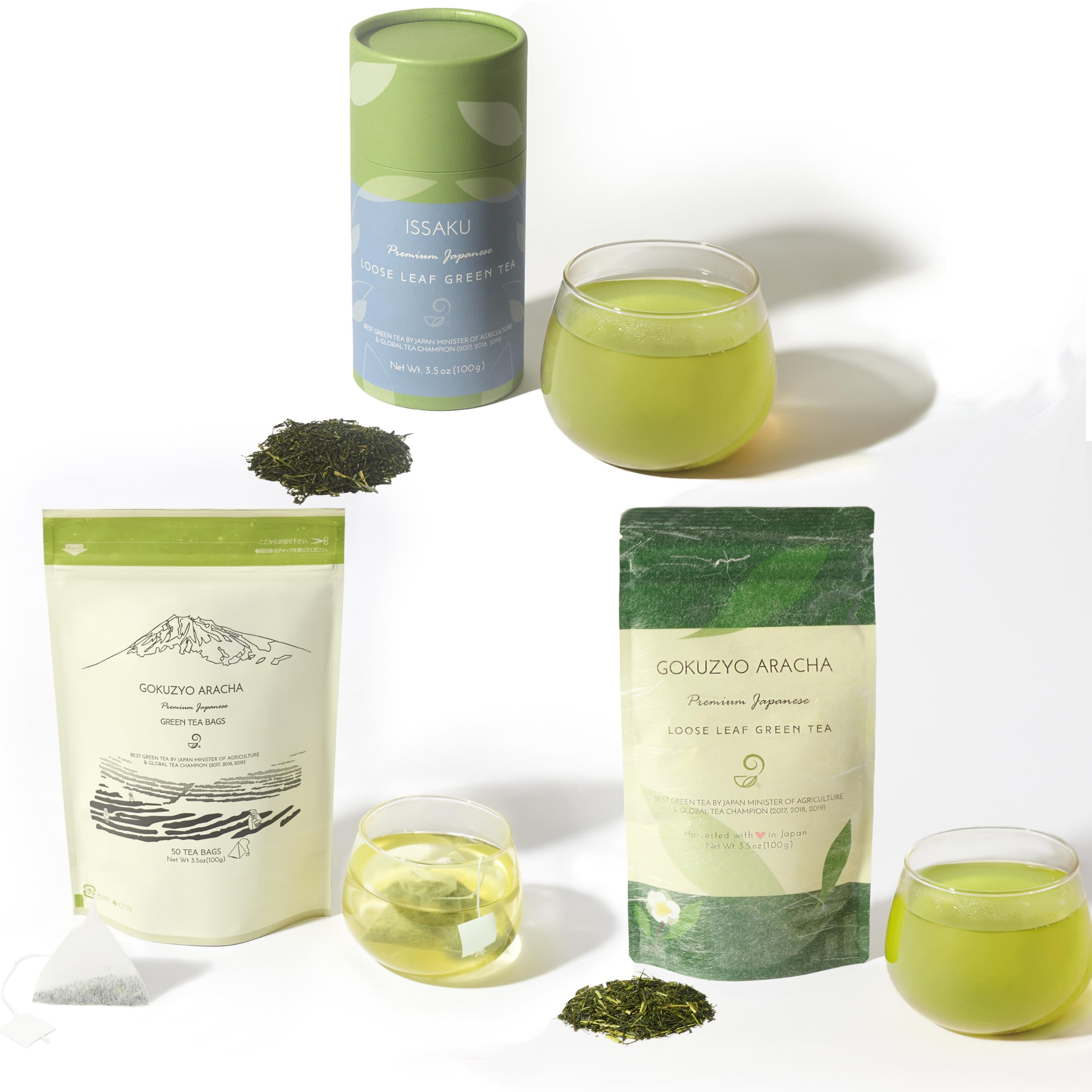 Premium Japanese Green Tea Set - Issaku, Gokuzyo Aracha & Teabag Assortment - Non-GMO, Delicate Flavor - Authentic Japanese Tea Experience - Perfect for Home, Office & Gift Giving