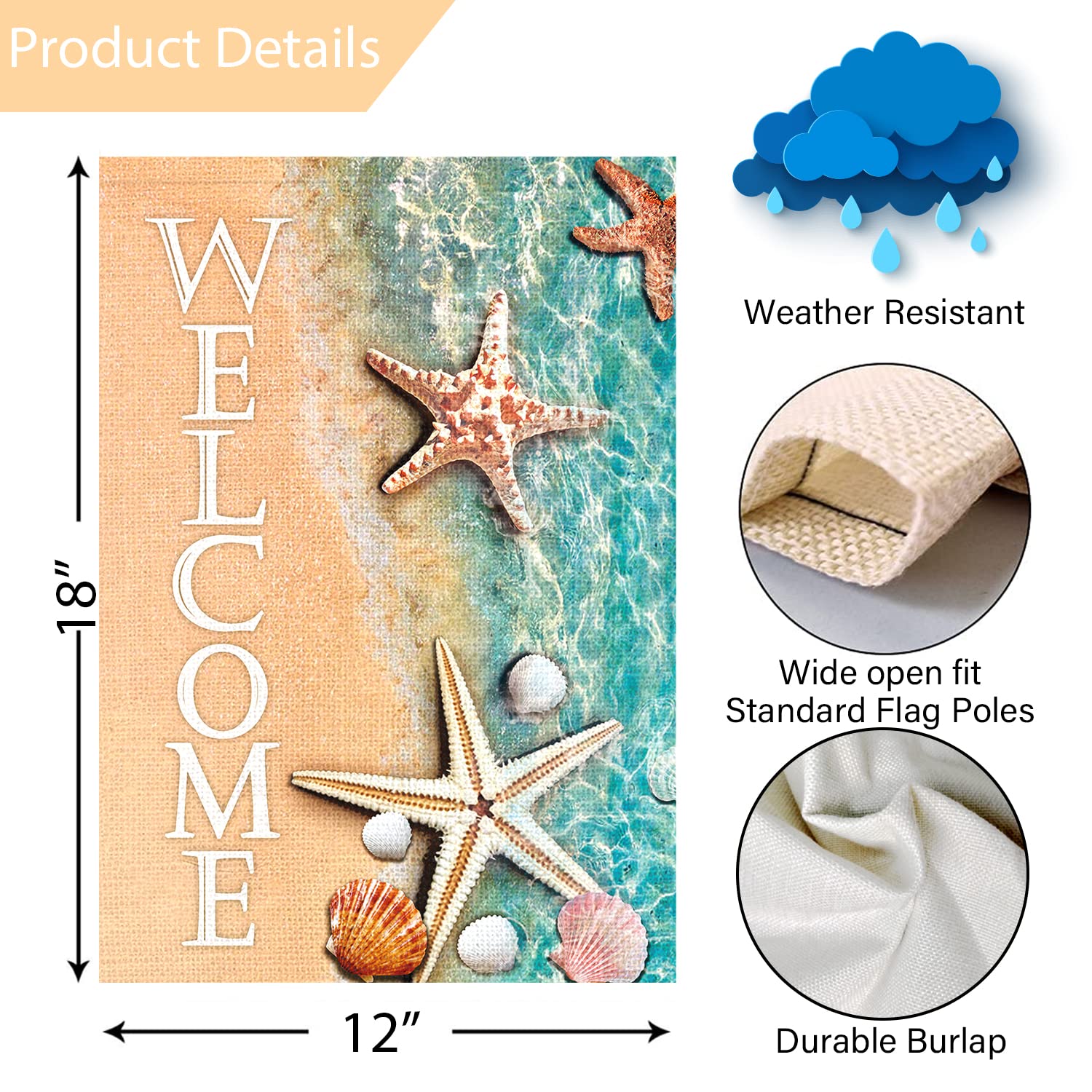 Louise Maelys Double Sided 12x18 Inch Vertical Garden Flag - Welcome Spring Summer Beach Theme with Starfish & Seashell Design, Burlap Outdoor Yard Decoration for Seasonal Patio, Porch and House Decor