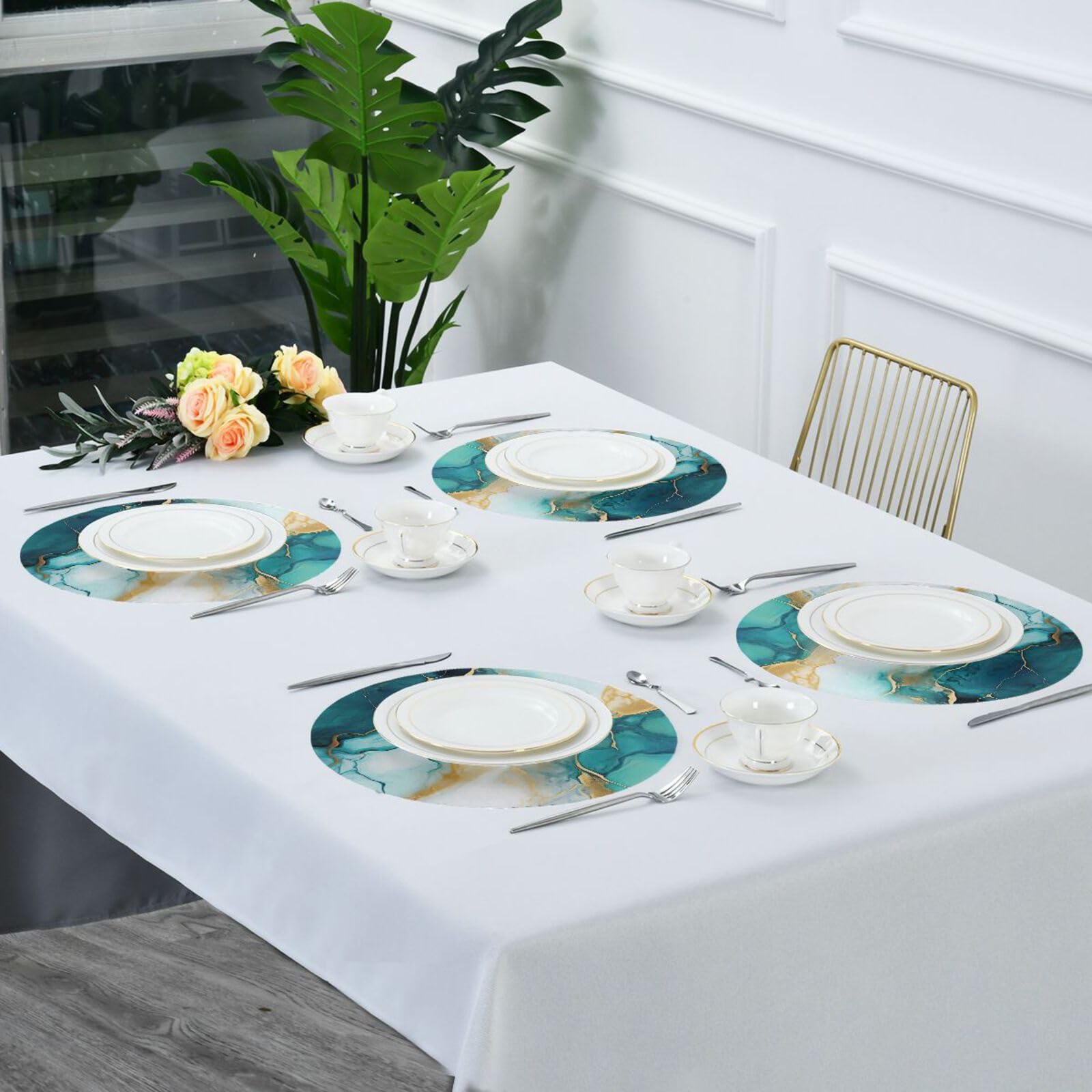 ATTX Round Placemats Set of 4 - Marble Design Non-Slip Dining Table Mats for Kitchen & Restaurant - Perfect for Dinner Parties, Family Meals and Home Decor
