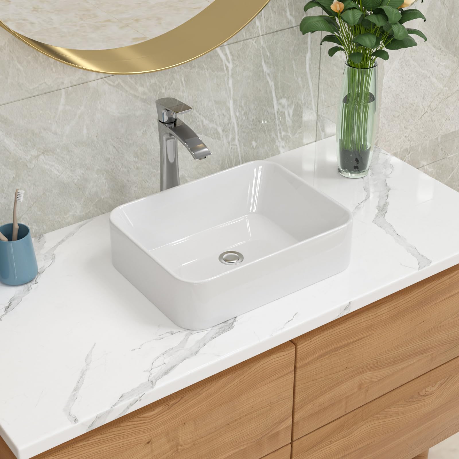 Lordear 19x15 Inch Modern White Porcelain Rectangular Vessel Sink with Chrome Single Lever Faucet - Above Counter Bathroom Vanity Sink Combo for Contemporary Home & Hotel Decor