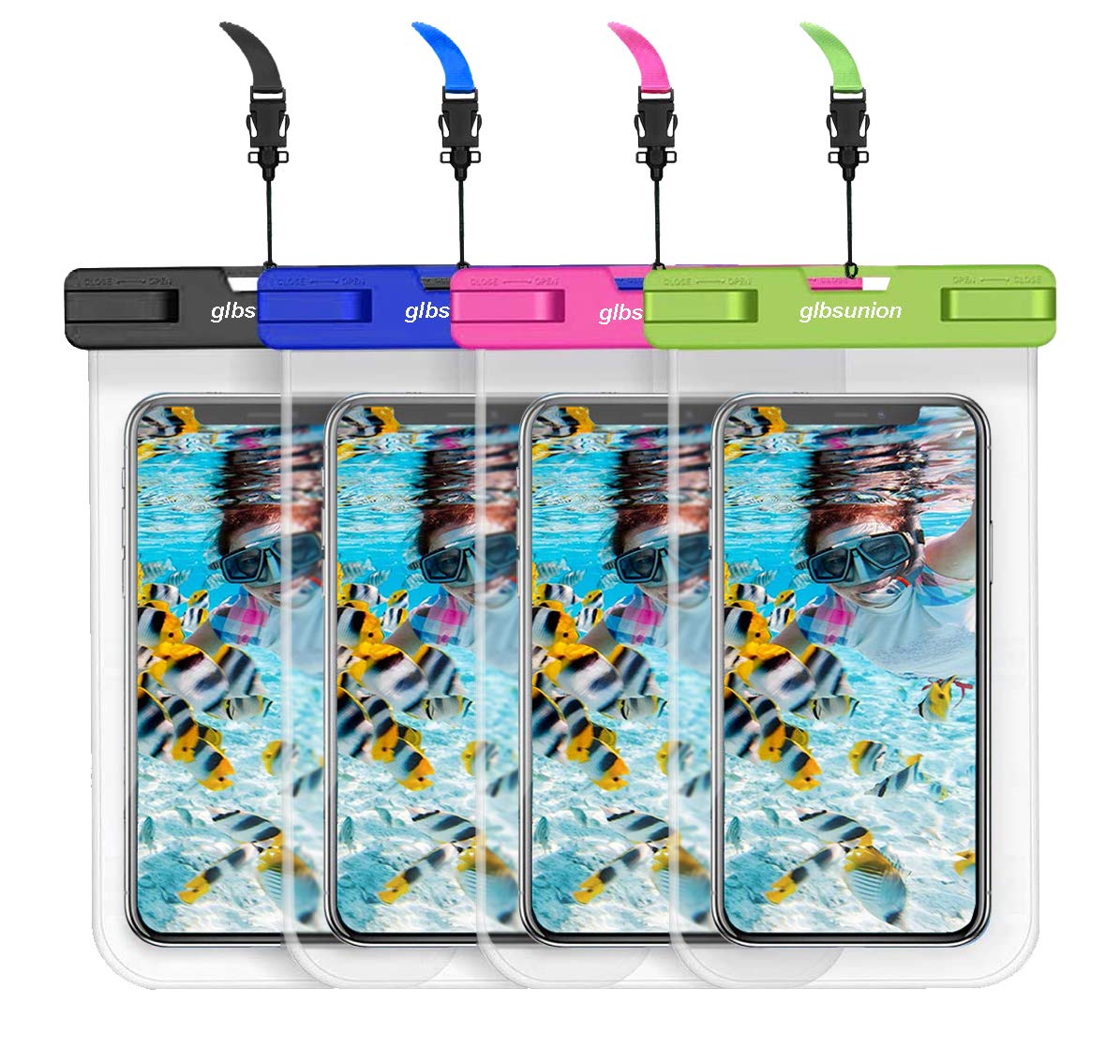 GLBSUNION 4-Pack Universal Waterproof Phone Case IPX8 Underwater Dry Bag - Compatible with iPhone 15 14 13 12 Pro Max, Galaxy S24/S23, Google Pixel (Up to 7.5 Inch) - Perfect for Swimming, Beach, Travel & Bathing