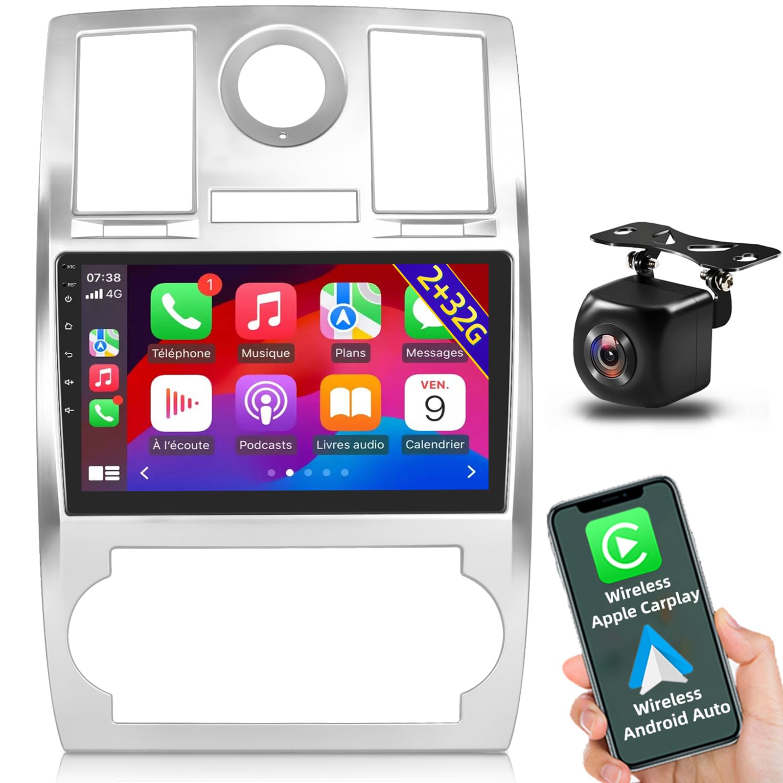 9 Inch Android Car Stereo for Chrysler 300C 300 (2004-2011) - Wireless Apple CarPlay & Android Auto, 2+32GB, Touchscreen Radio with DSP, GPS, WiFi & AHD Backup Camera - Perfect for Road Trips & Daily Commutes