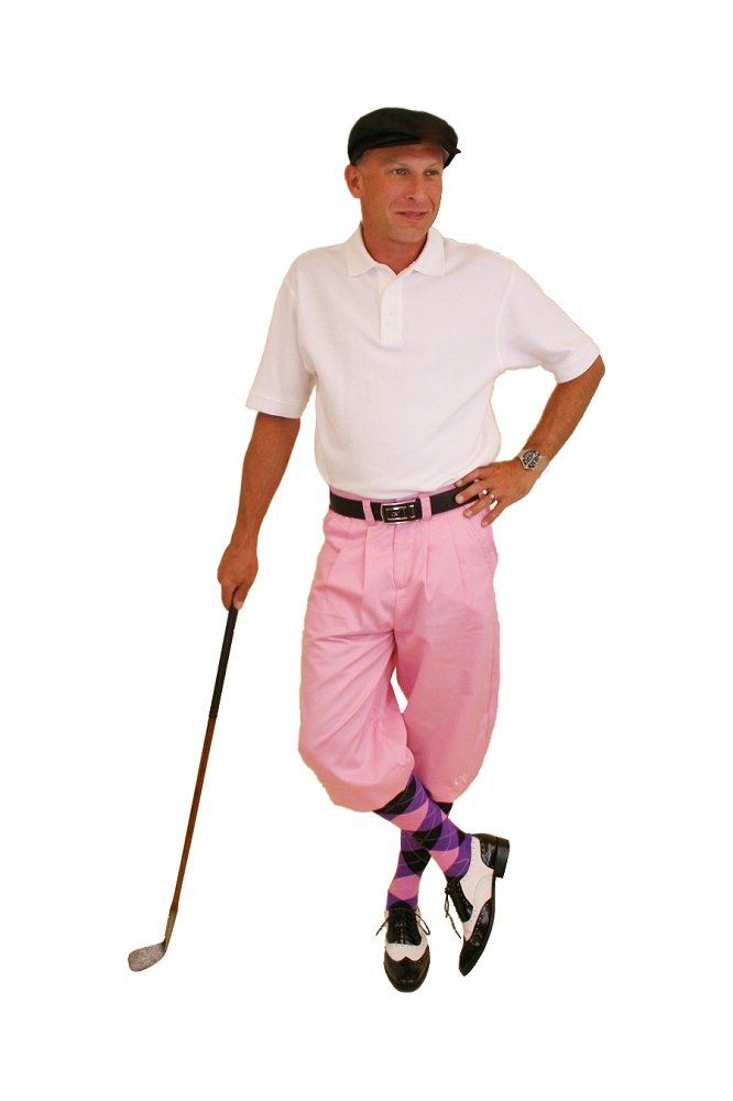 Kings Cross Men's Golf Outfit Set - Pink Stewart Knickers, White Polo Shirt, Pink Purple Black Socks & Black Cap (Size 36S) | Stylish Golf Apparel for Men | Perfect for Golf Tournaments, Country Club Events & Casual Wear