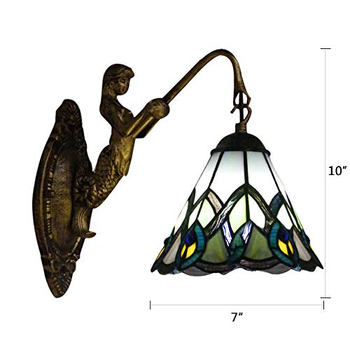 LITFAD Mermaid Wall Sconce with Peacock Tail Tiffany Stained Glass Shade - Decorative LED Wall Lamp for Staircase, Bedroom, Hotel & Restaurant - Perfect for Coastal, Nautical or Mermaid Theme Decor