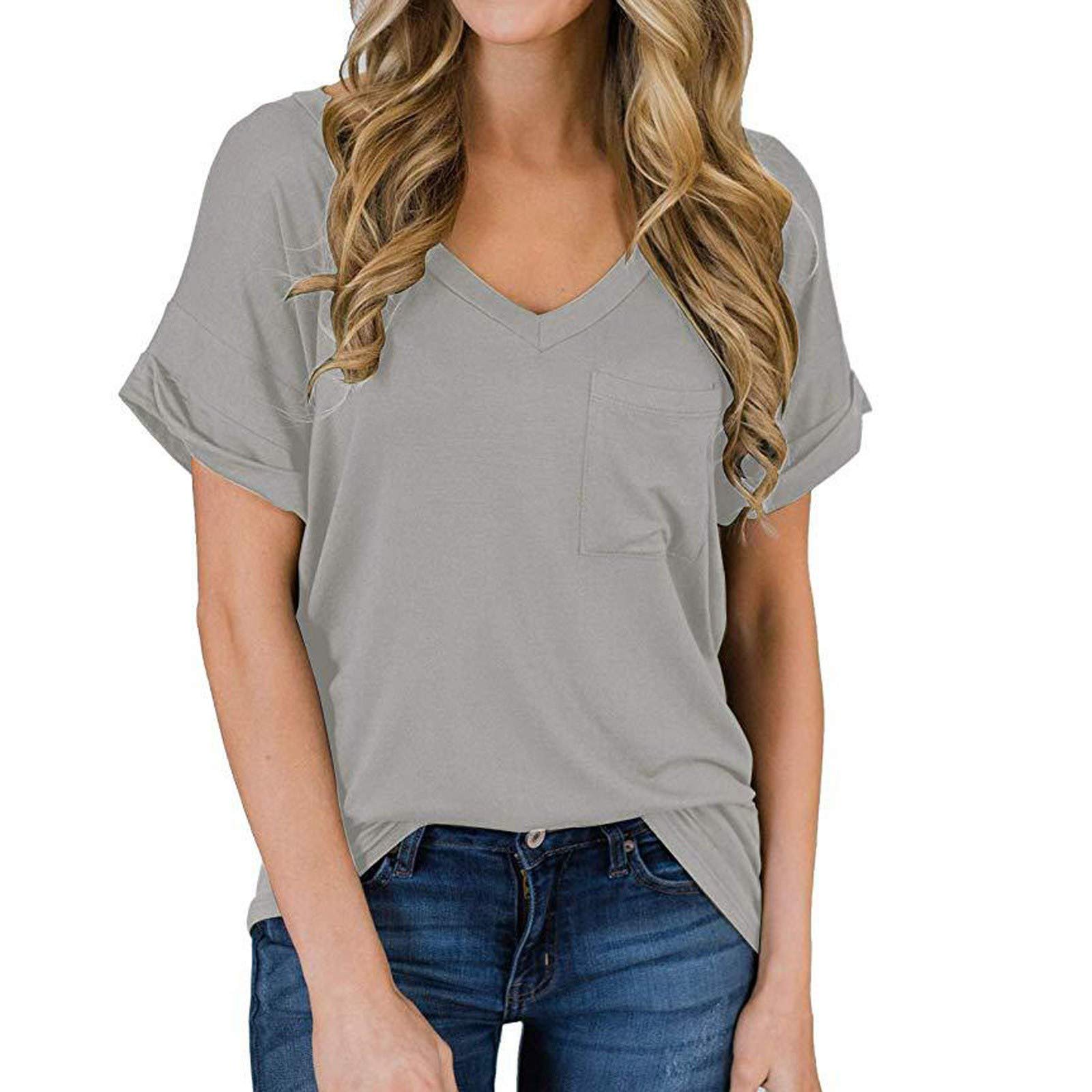FMCHICO Women's Short Sleeve V-Neck T-Shirt - Loose Fit Casual Pocket Tee for Everyday Wear, Work & Weekend Outings