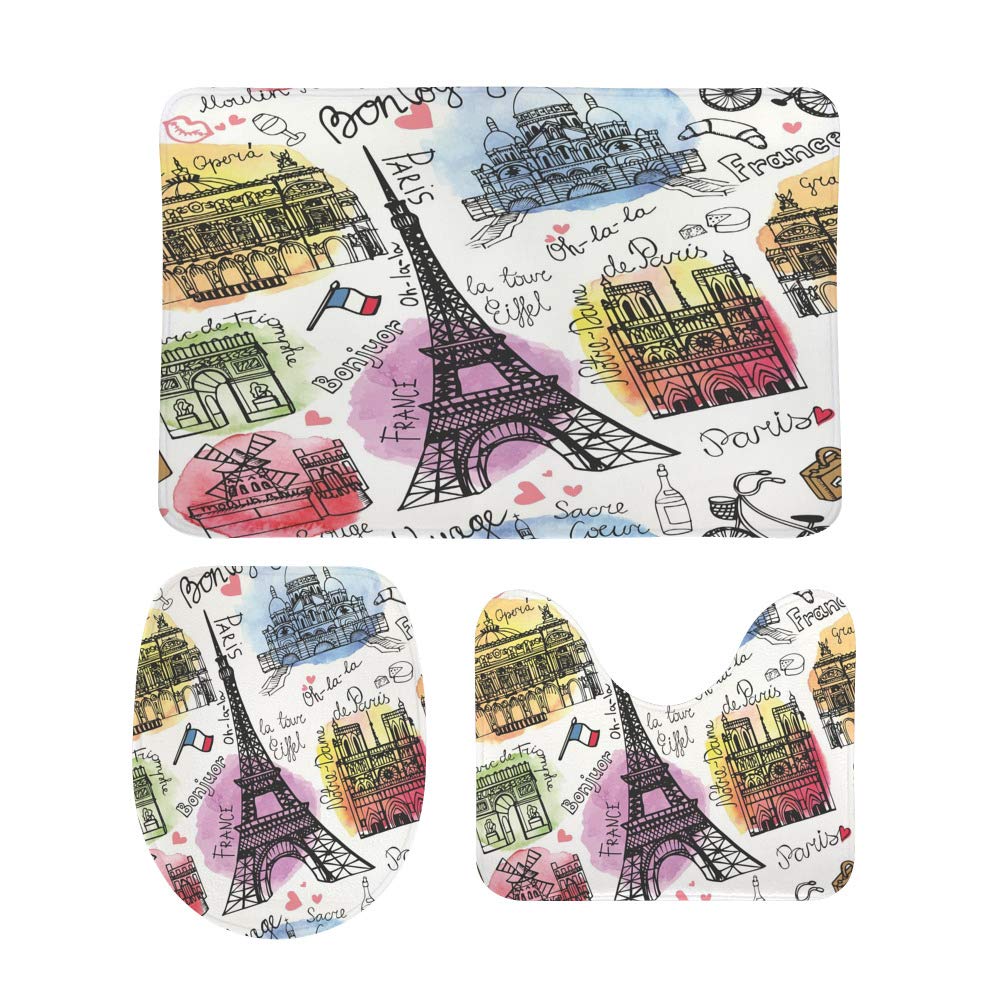 3-Piece Non-Slip Bathroom Rug Set - Soft Coral Fleece Contour Toilet Mat, Shower Mat & Lid Cover with Paris Landmark Doodle Design | Perfect for Bathroom Safety and Decor