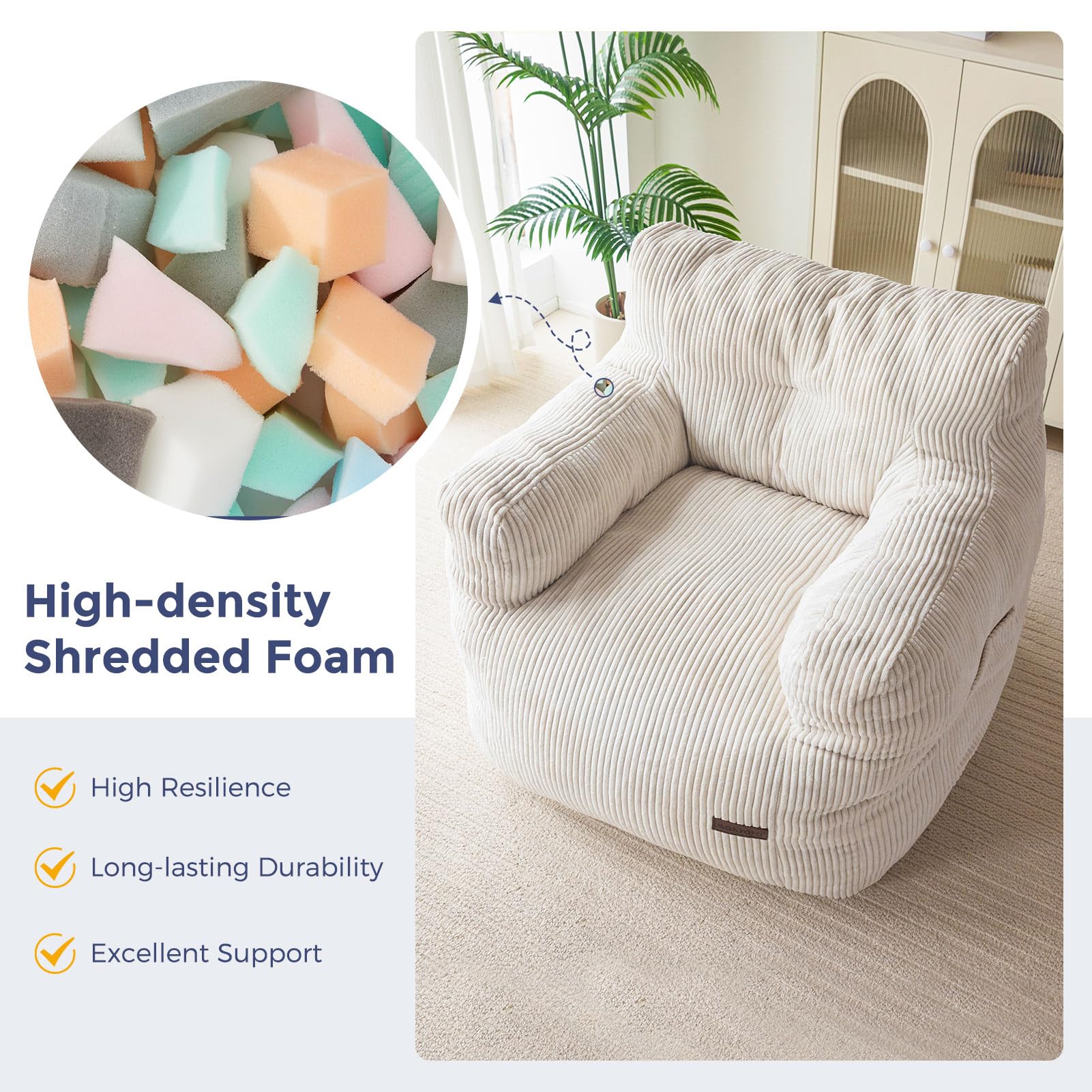 MAXYOYO Tufted Corduroy Bean Bag Chair with Filler - Comfortable Lazy Couch for Adults & Teens in Beige | Perfect for Living Room, Bedroom & Dorm Relaxation