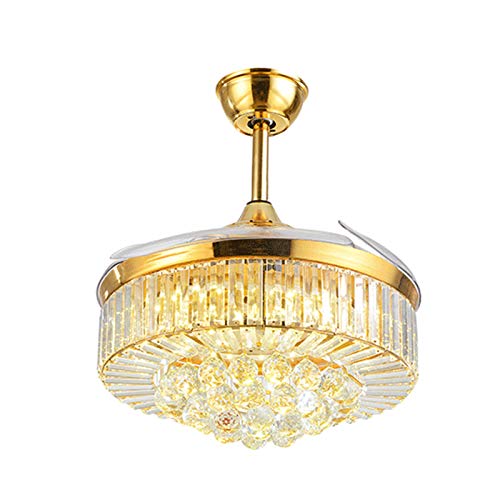 36/42 Inch Modern Luxury K9 Crystal Ceiling Fan with 4 Retractable Blades - 3 Speed Silent Operation, LED Lighting Fixture for Home, Restaurant, Office & Hotel - Perfect for Living Room, Bedroom, Dining Area and Commercial Spaces
