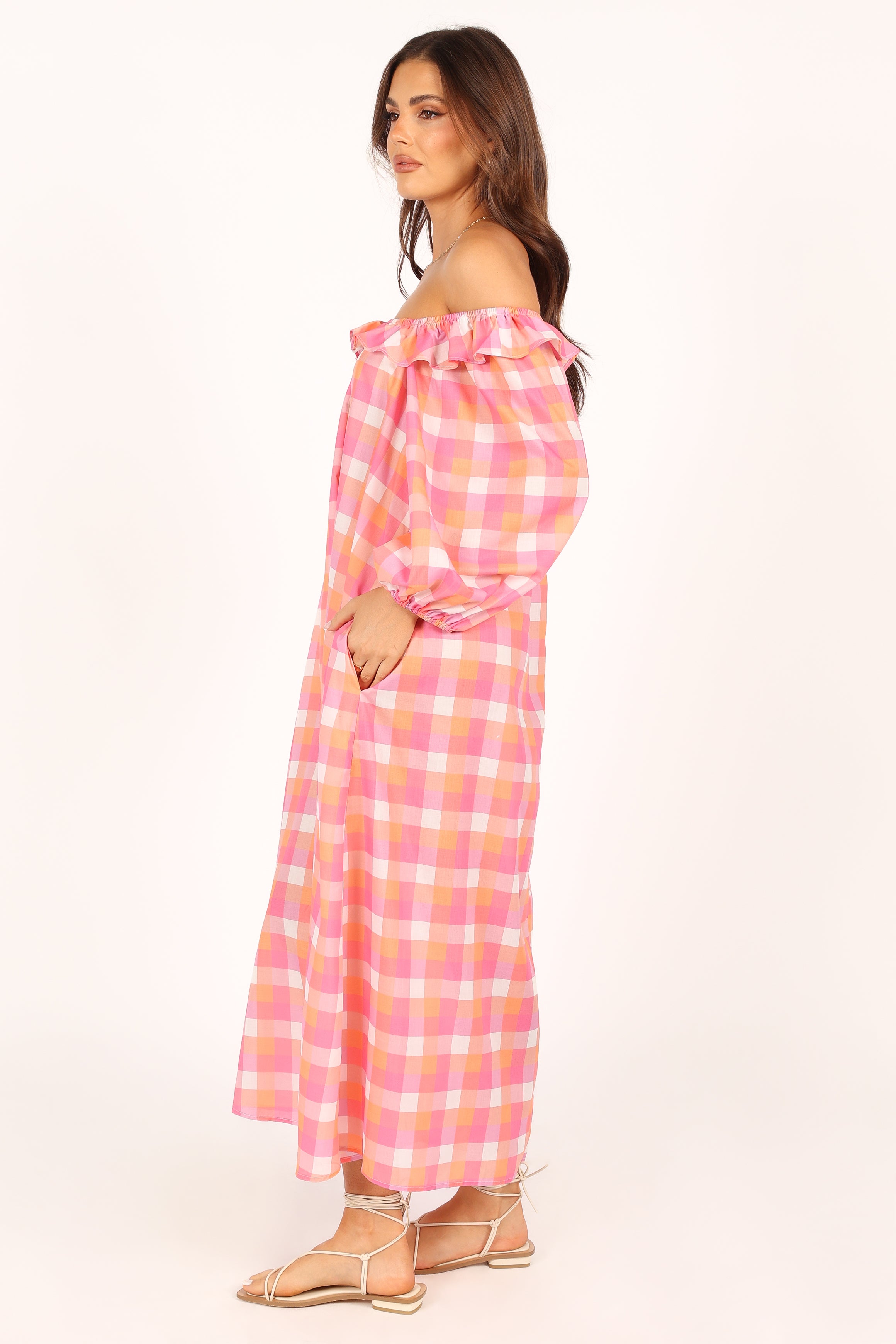Georgia Off Shoulder Midi Dress - Pink Gingham Floral Summer Dress for Women, Perfect for Beach Vacation, Date Night & Outdoor Parties