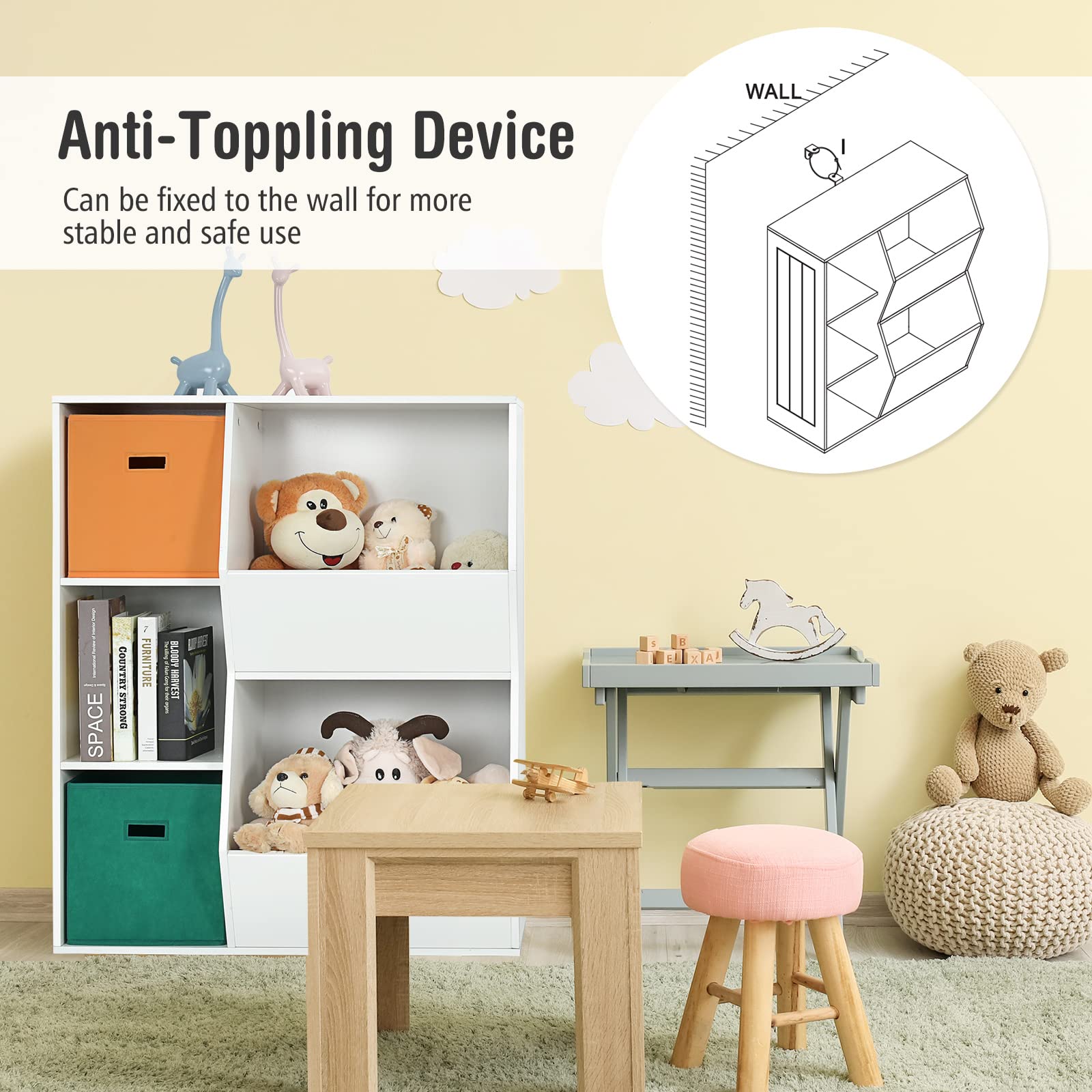 Costzon 5-Cubby Wooden Toy Storage Organizer with Bookcase & Bins - Kids Bookshelf & Toy Cabinet for Toddlers - Nursery, Playroom, Daycare & Living Room Storage Solution (White) - Perfect for Organizing Toys, Books & Kids' Essentials in Bedrooms & Classrooms