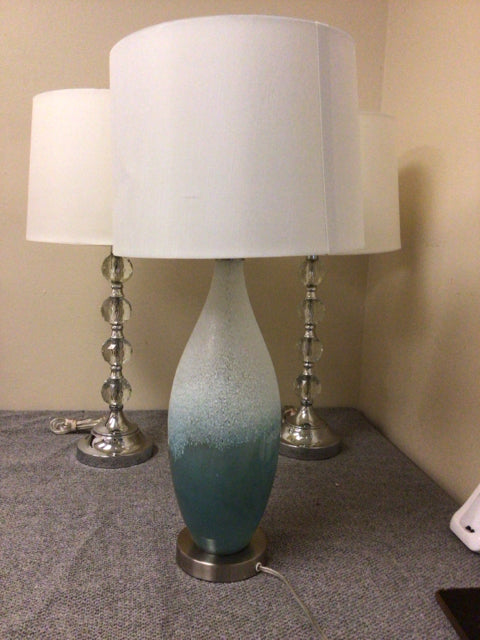 Blue and White Textured Glass Table Lamp with Fabric Shade - Modern Home Decor for Living Room, Bedroom, or Office Lighting