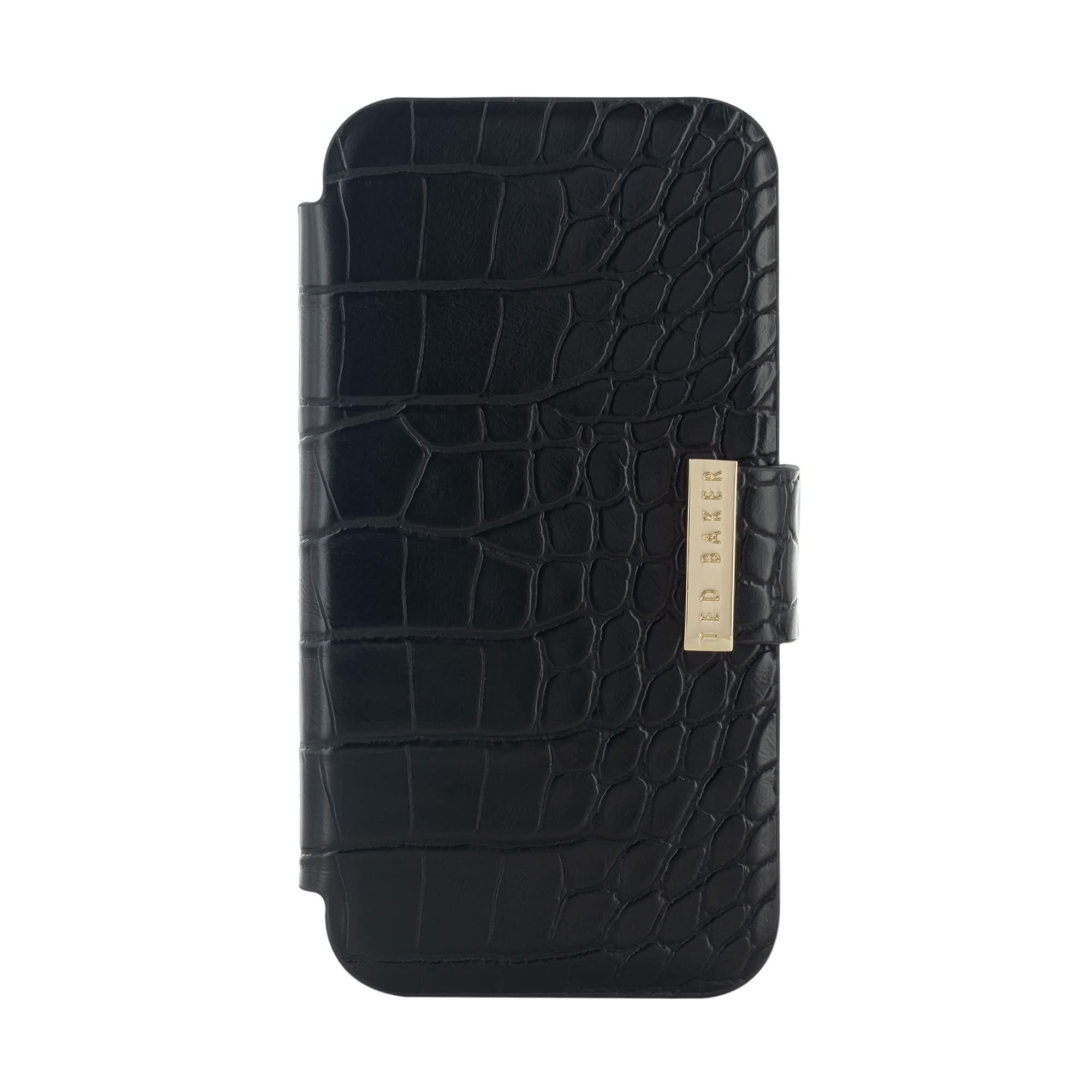 Ted Baker KHAILIA Black Croc-Embossed Leather Wallet Phone Case for iPhone 12/12 Pro - Dual Card Slots & Gold Shell | Stylish Protective Cover for Everyday Use & Business Meetings