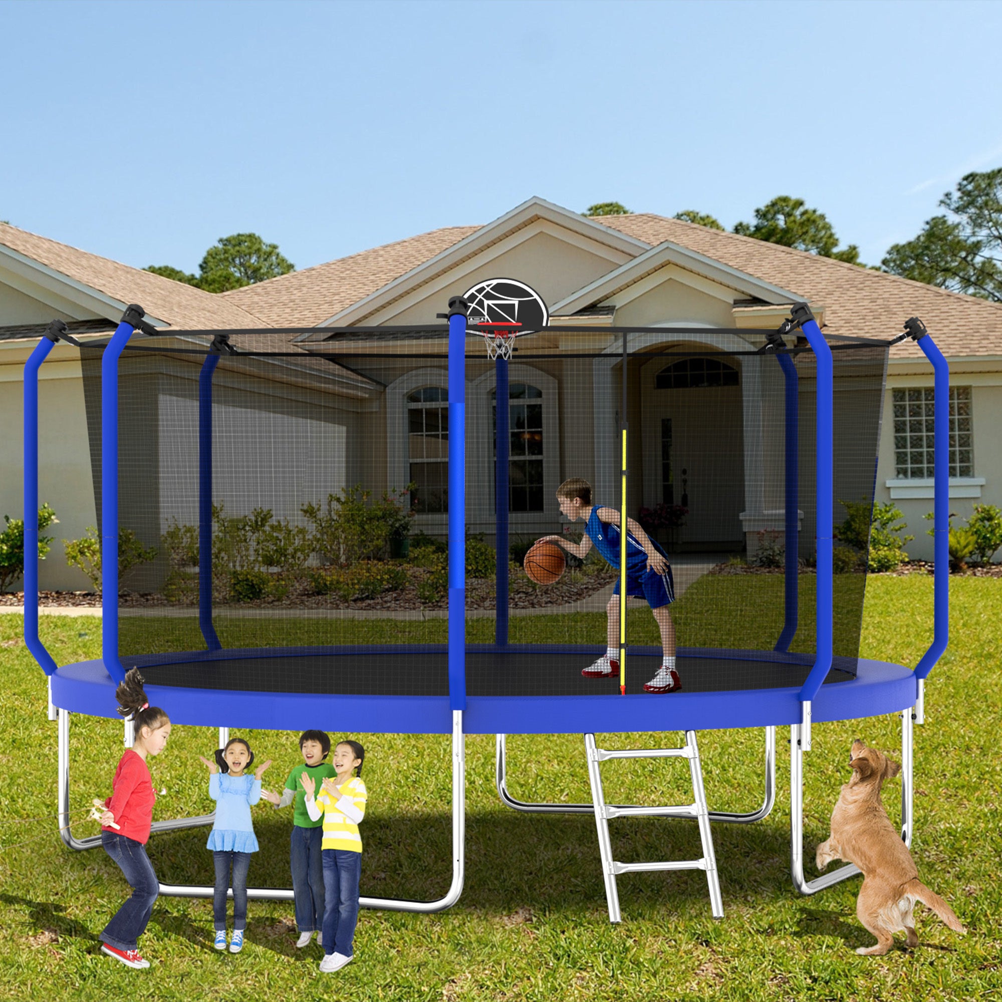 14FT Outdoor Trampoline with Basketball Hoop - ASTM Approved Heavy Duty Jumping Mat & Safety Enclosure Net for Backyard Fun | Perfect for Kids, Family Exercise & Outdoor Recreation Activities