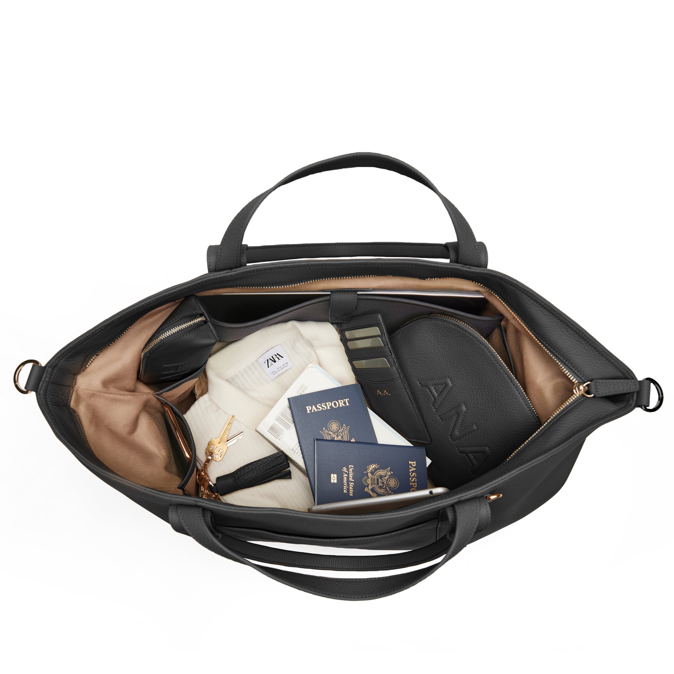 Premium Black Pebble Leather Transit Travel Tote Bag - Stylish Carryall for Work Commute, Gym & Weekend Getaways