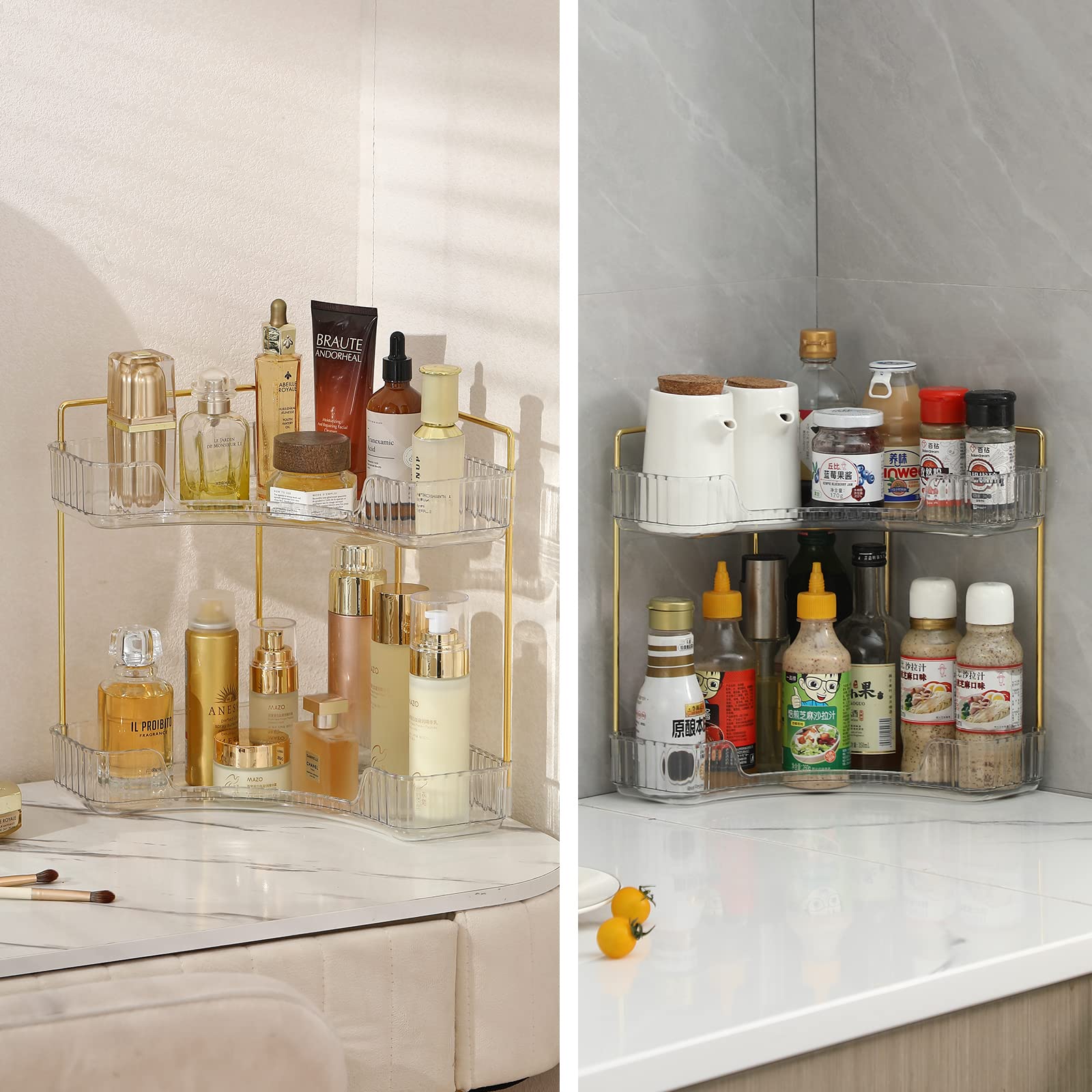 Clear 2-Tier Corner Bathroom Countertop Organizer - Vanity Tray for Makeup, Perfume & Jewelry Storage | Space-Saving Kitchen Spice Rack | Perfect for Small Bathrooms, Vanities & Countertop Organization
