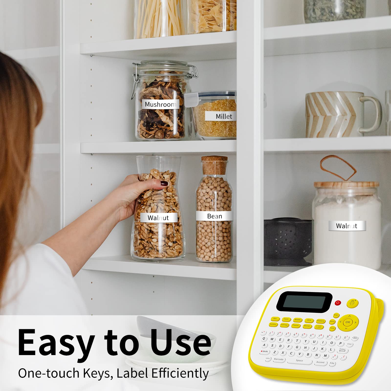 Oozmas Label Maker Machine with QWERTY Keyboard - Home, Office & School Organizing Tool with Tape & AC Adapter - One Touch Keys for Easy Labeling (Yellow) - Perfect for Pantry Organization, File Sorting & Classroom Supplies