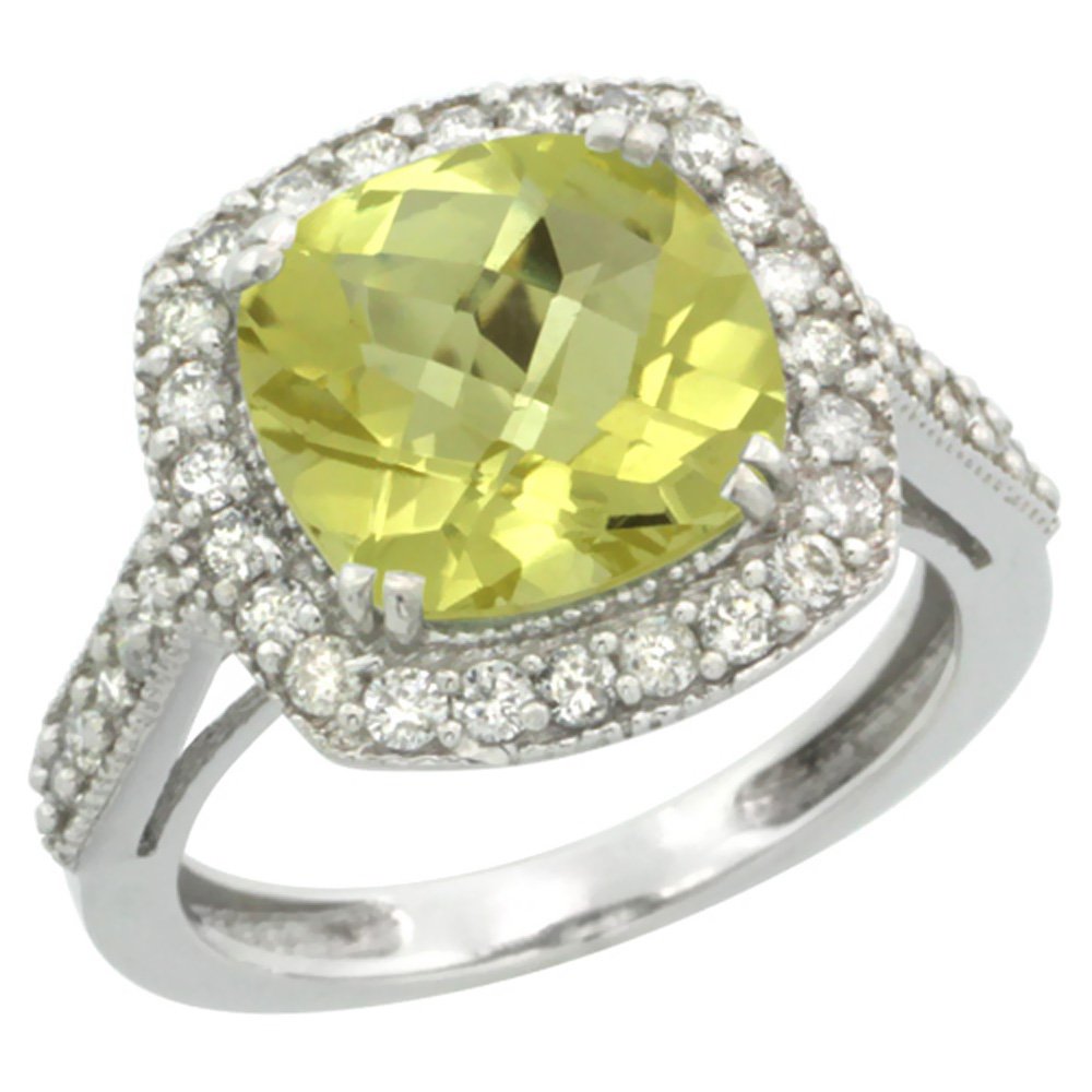 14K White Gold Natural Lemon Quartz Ring - 9x9mm Cushion Cut with Diamond Halo, Size 5-10 - Perfect for Engagement, Anniversary & Special Occasion Gifts