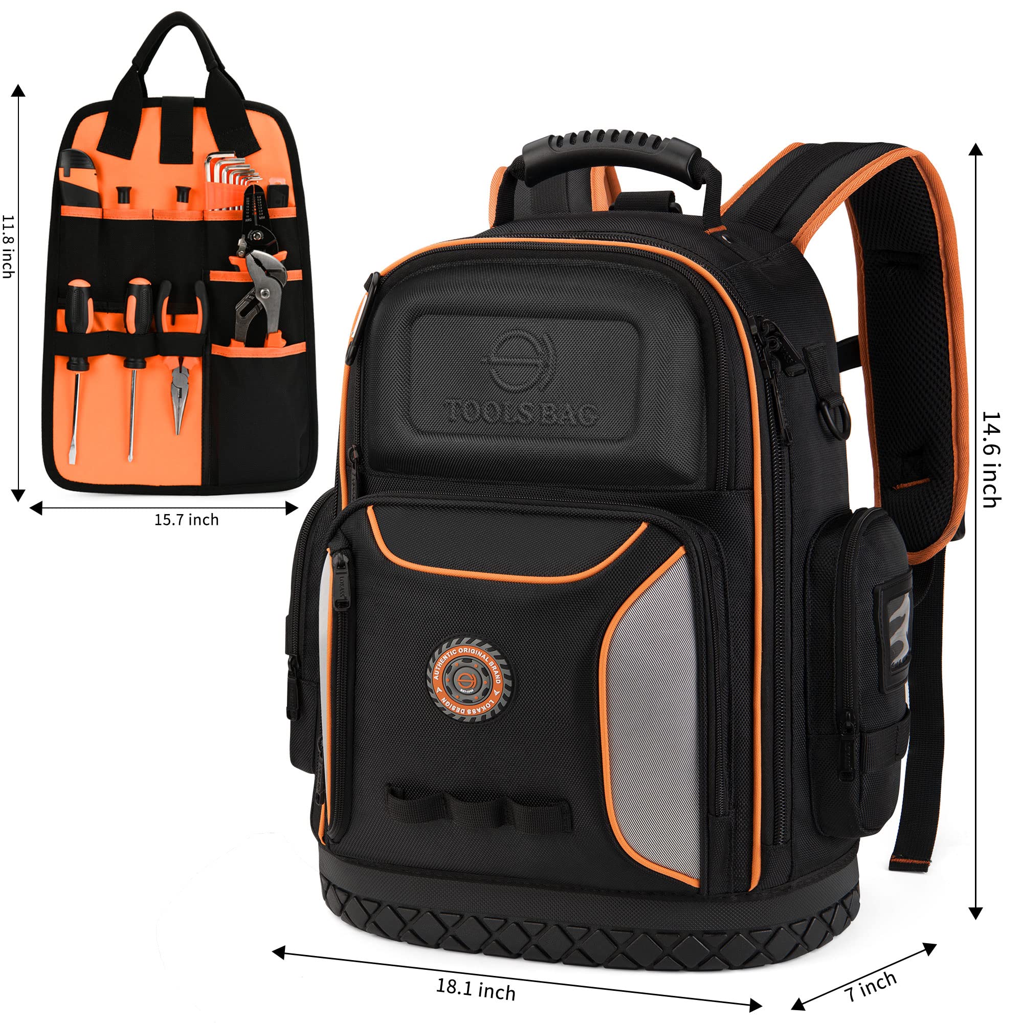 Heavy Duty Tool Bag Backpack - 75 Pockets & Loops for Electricians, HVAC & Construction Work | Large Black & Orange Organizer with Molded Base & Combination Lock | Perfect for Job Sites, Home Repairs & Professional Tool Storage