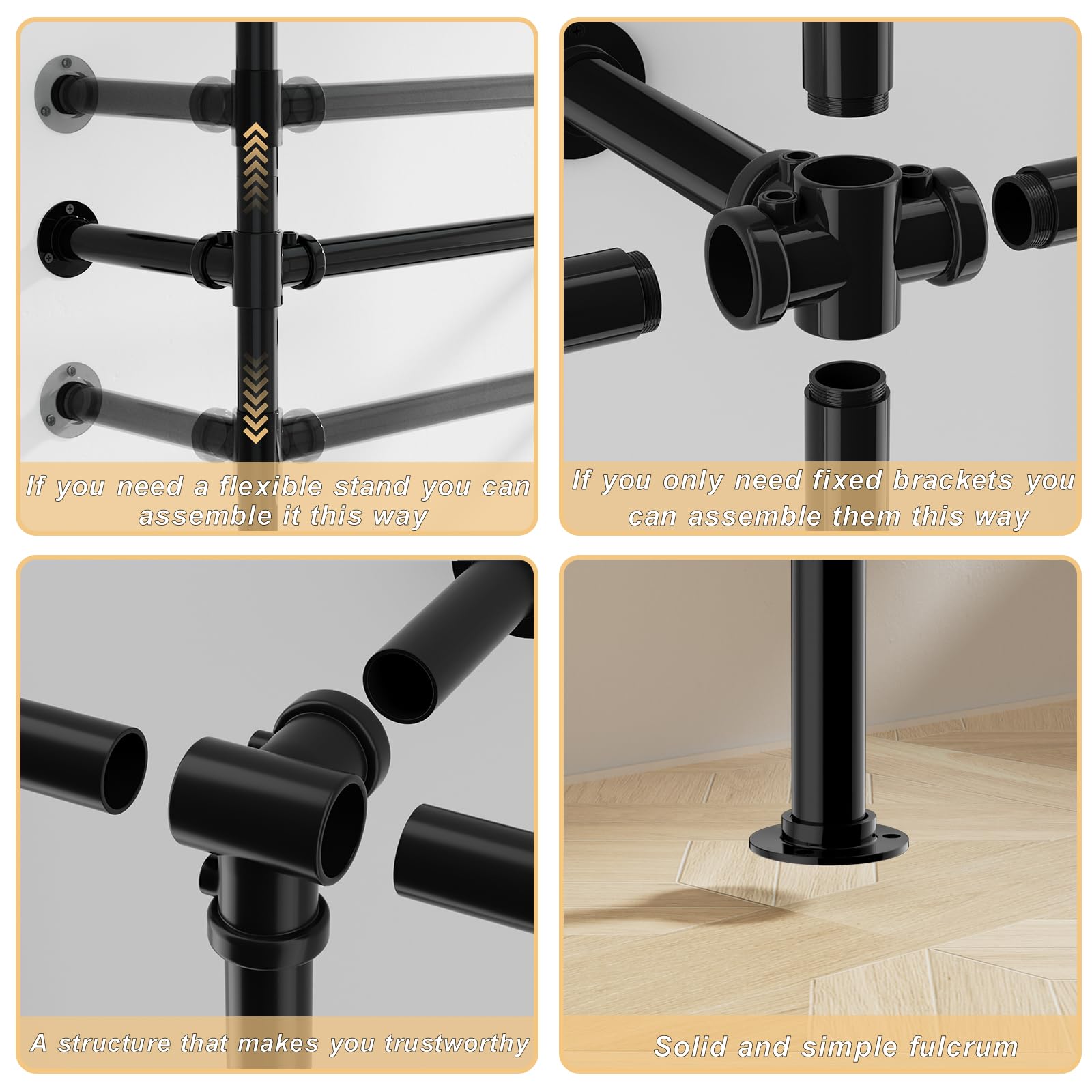 ROOMTEC Heavy-Duty Industrial Pipe Clothing Rack - Wall Mounted Garment Rack with Black Hanging Rod for Retail Display, Closet Storage & Laundry Room Organization | Perfect for Boutiques, Warehouses & Home Closets