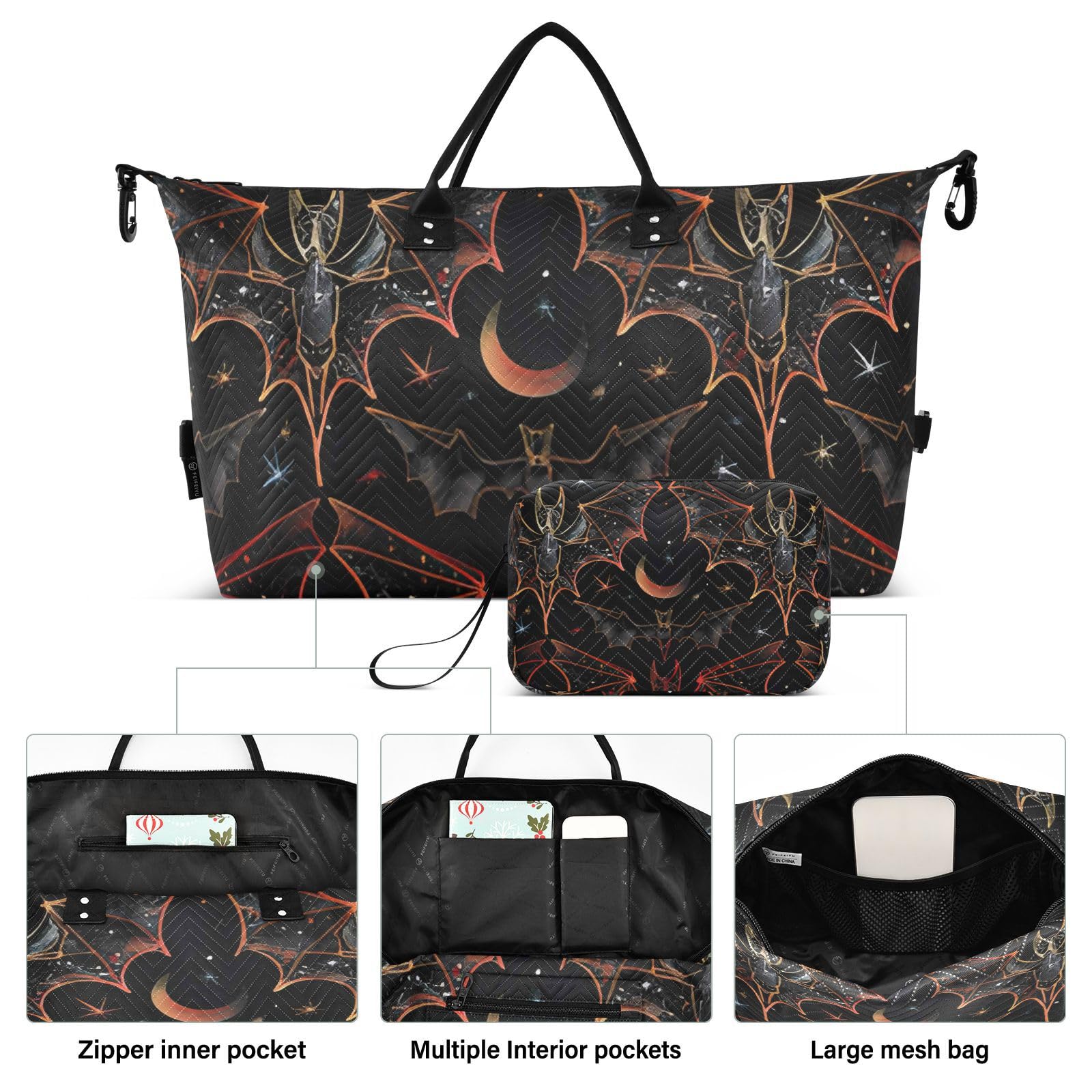 Gothic Bat Print Weekender Duffle Bag for Women - Gym, Swim & Travel Tote with Detachable Toiletry Pouch | Perfect for Workouts, Beach Trips & Weekend Getaways