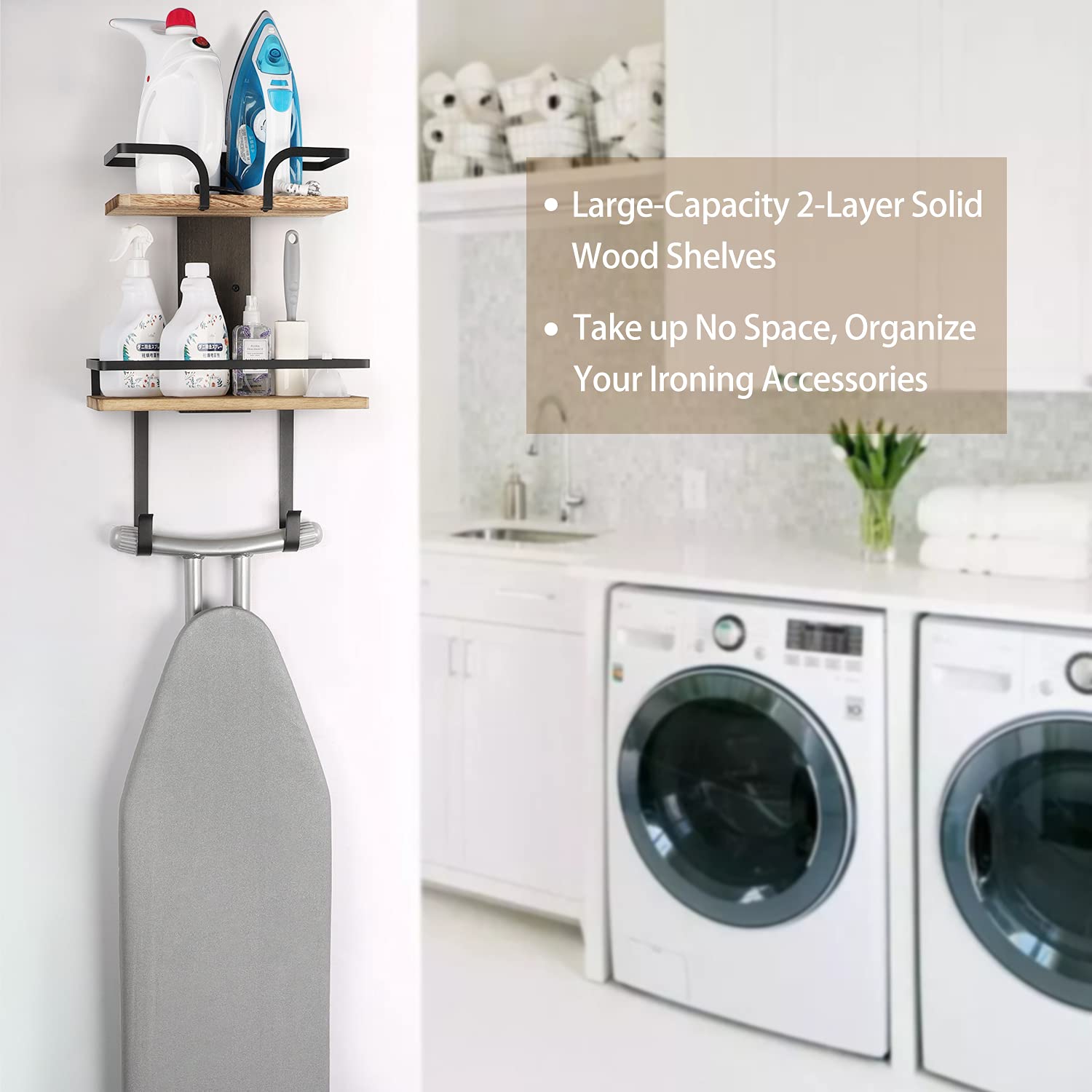VINAEMO Wall Mount Ironing Board Hanger - 2-Layer Iron & Ironing Board Holder with Removable Hooks, Solid Wood Laundry Room Storage Shelf for Home Organization - Perfect for Small Spaces & Closet Storage