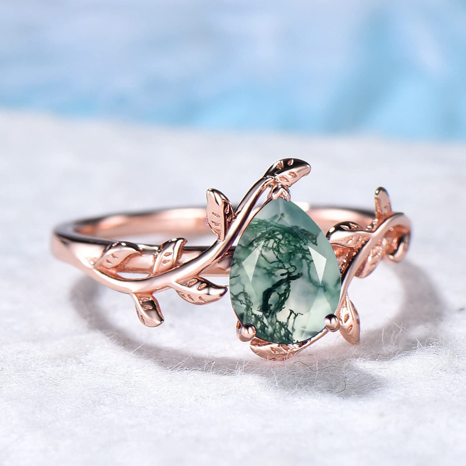 Natural Green Moss Agate Pear Shape Engagement Ring - Vintage Solitaire Crystal Healing Ring with Leaf Design - Unique Promise Ring for Women, Wedding, Anniversary & Spiritual Energy Jewelry Gift