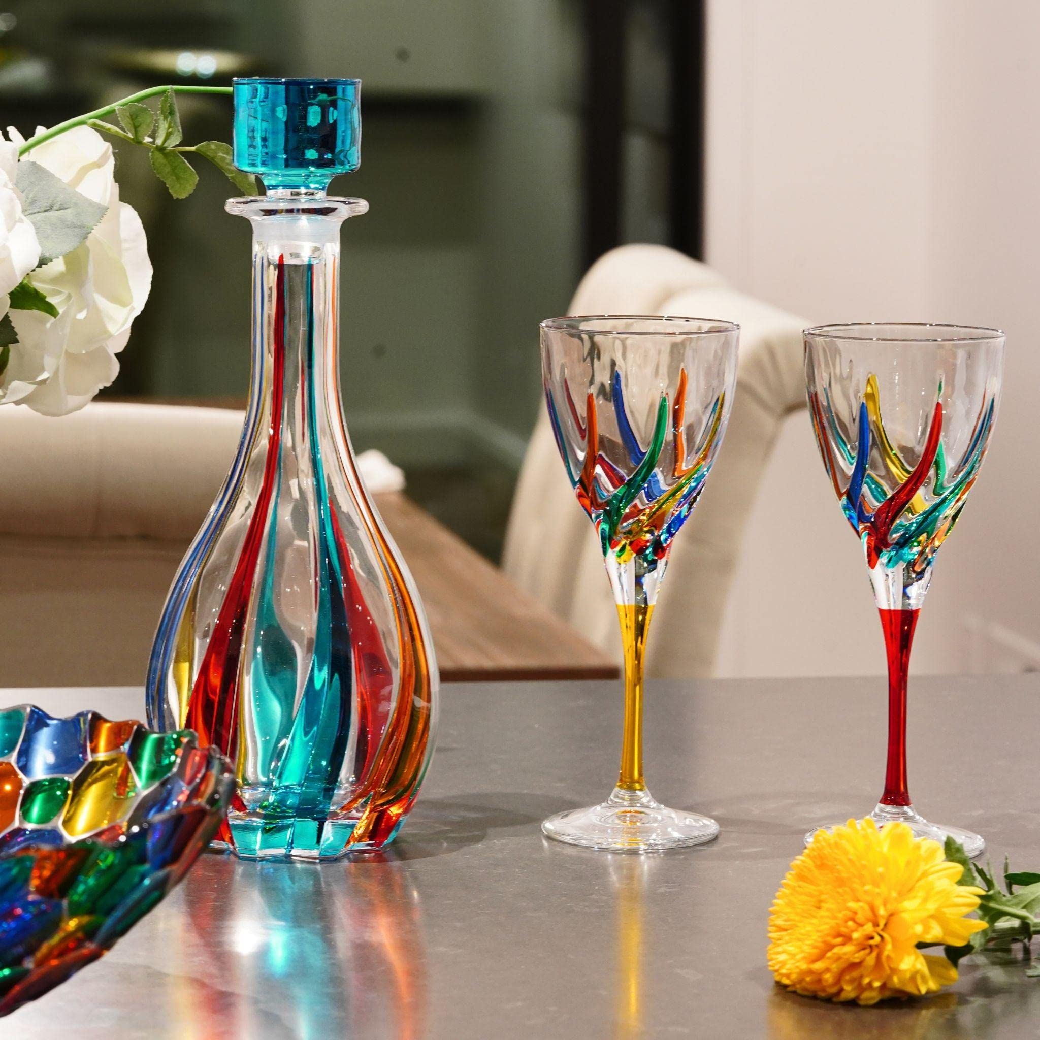 Premium Italian Hand Blown Wine Glasses - Trix Collection Set of 2 (8 oz) - Elegant Stemware for Red & White Wine - Murano Style Glassware Made in Italy - Perfect for Dinner Parties, Wine Tasting & Romantic Evenings