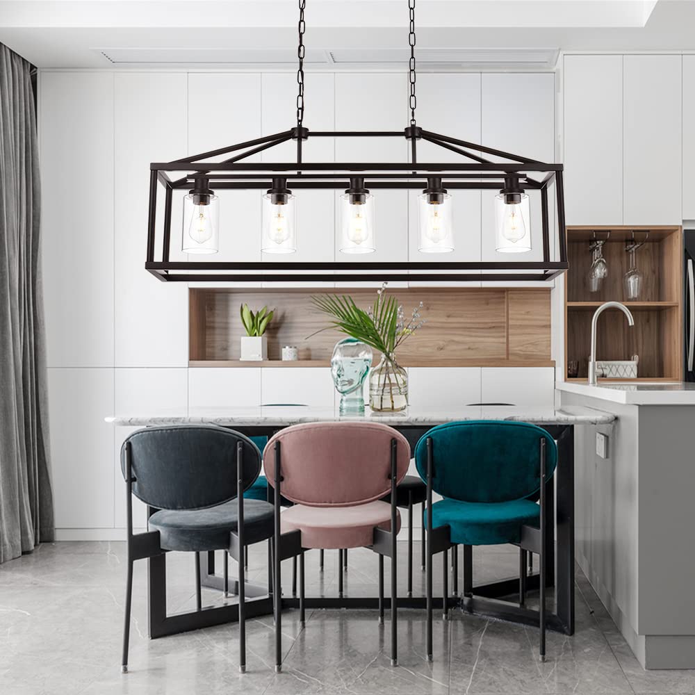 BONLICHT 5-Light Industrial Rustic Farmhouse Chandelier - Modern Rectangle Dining Room Pendant Light Fixture in Oil Rubbed Bronze with Clear Glass Shade - Perfect for Kitchen Island, Hallway, Bar & Farmhouse Decor