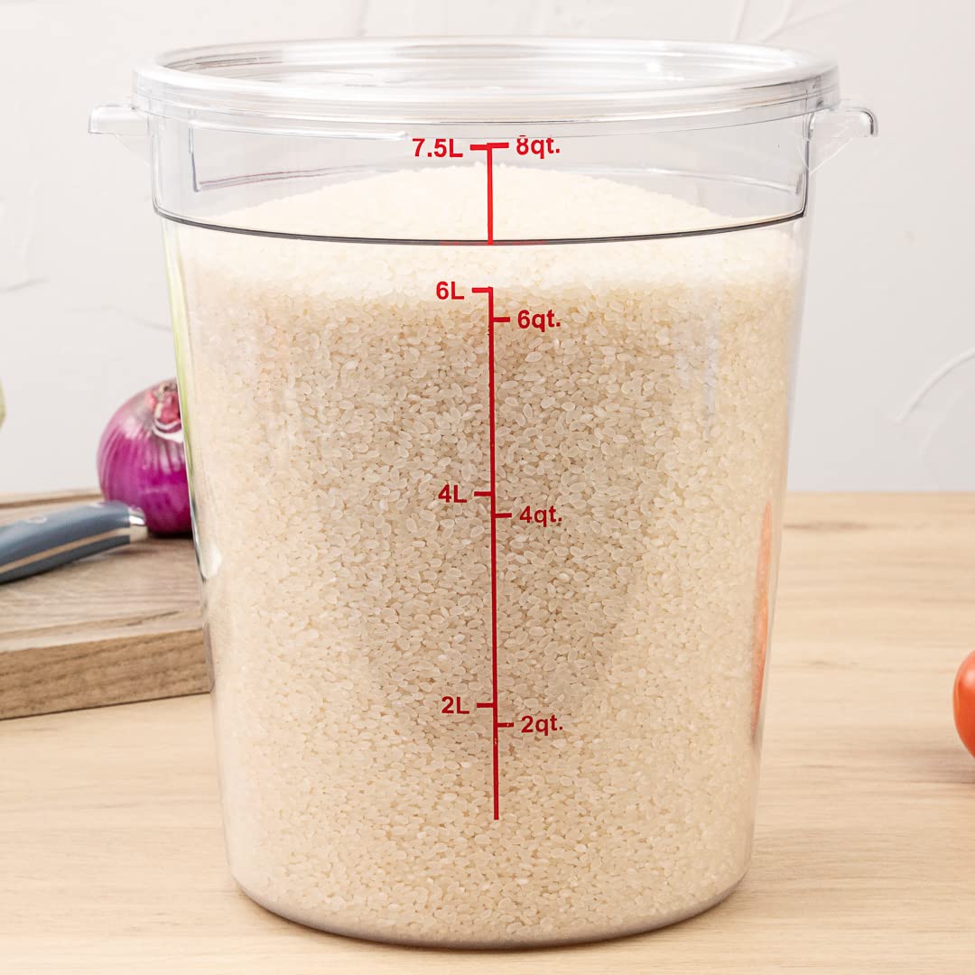 Restaurantware Met Lux 8 Quart (7.6L) Clear Plastic Food Storage Containers - 10-Pack Round Commercial Food Prep Buckets with Volume Markers, Lids Sold Separately | Space-Saving Kitchen Organization for Restaurants, Catering & Bulk Food Storage