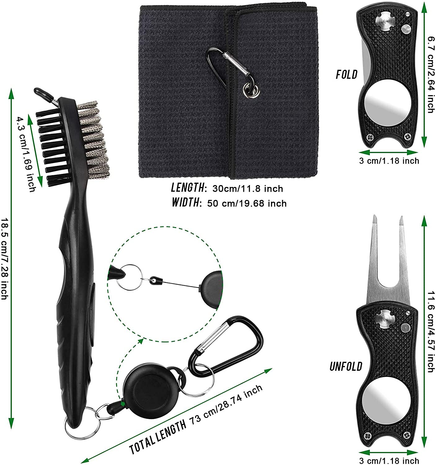 Premium Golf Towel Kit with Stainless Steel Brush & Foldable Divot Tool - Microfiber Waffle Golf Towel for Ball Cleaning - Perfect for Golf Course, Driving Range & Practice Sessions