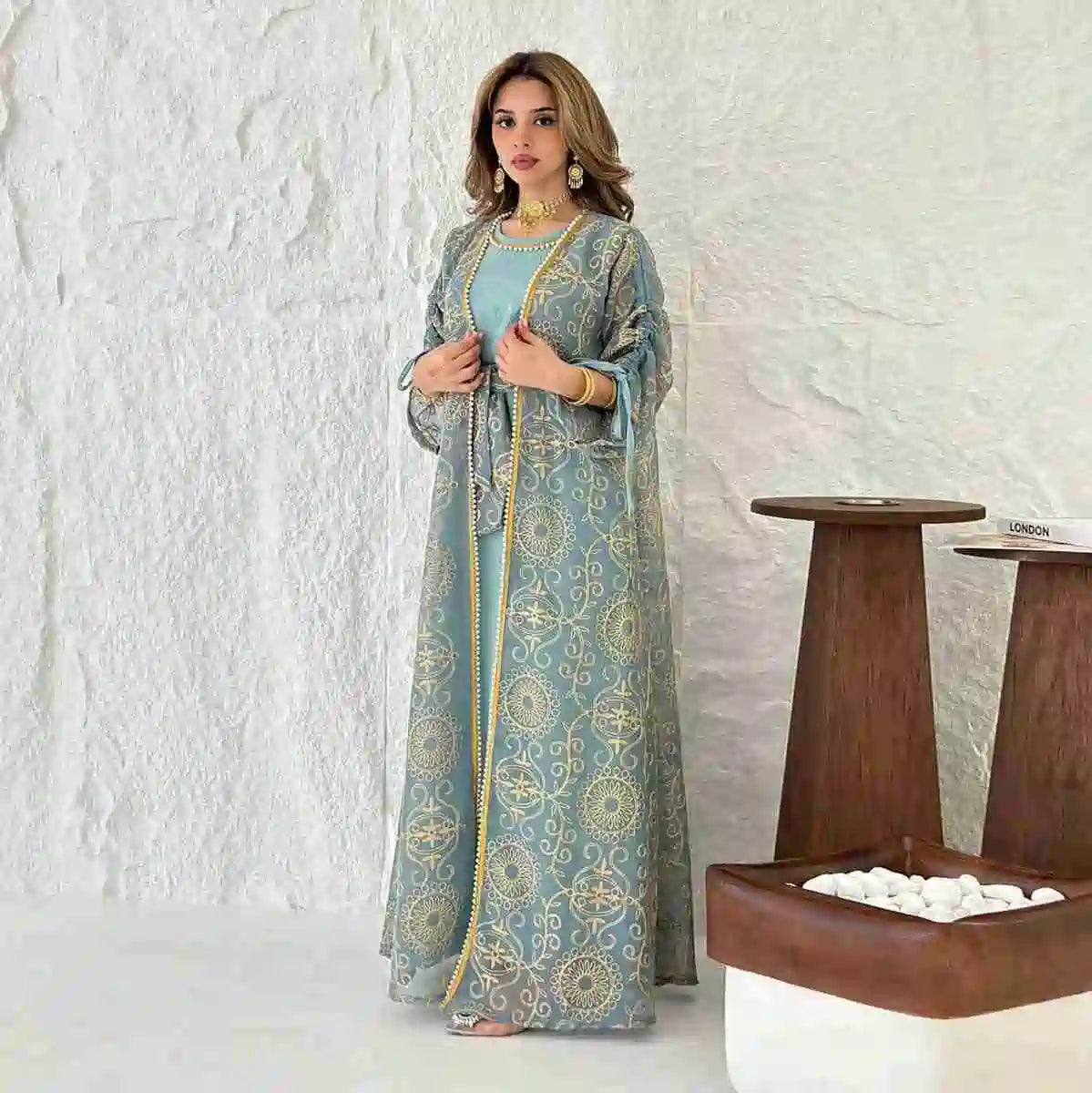 Elegant 2-Piece Eid Caftan Set with Embroidery & Sleeveless Inner Dress - Perfect for Eid Celebrations, Weddings & Special Occasions #24432