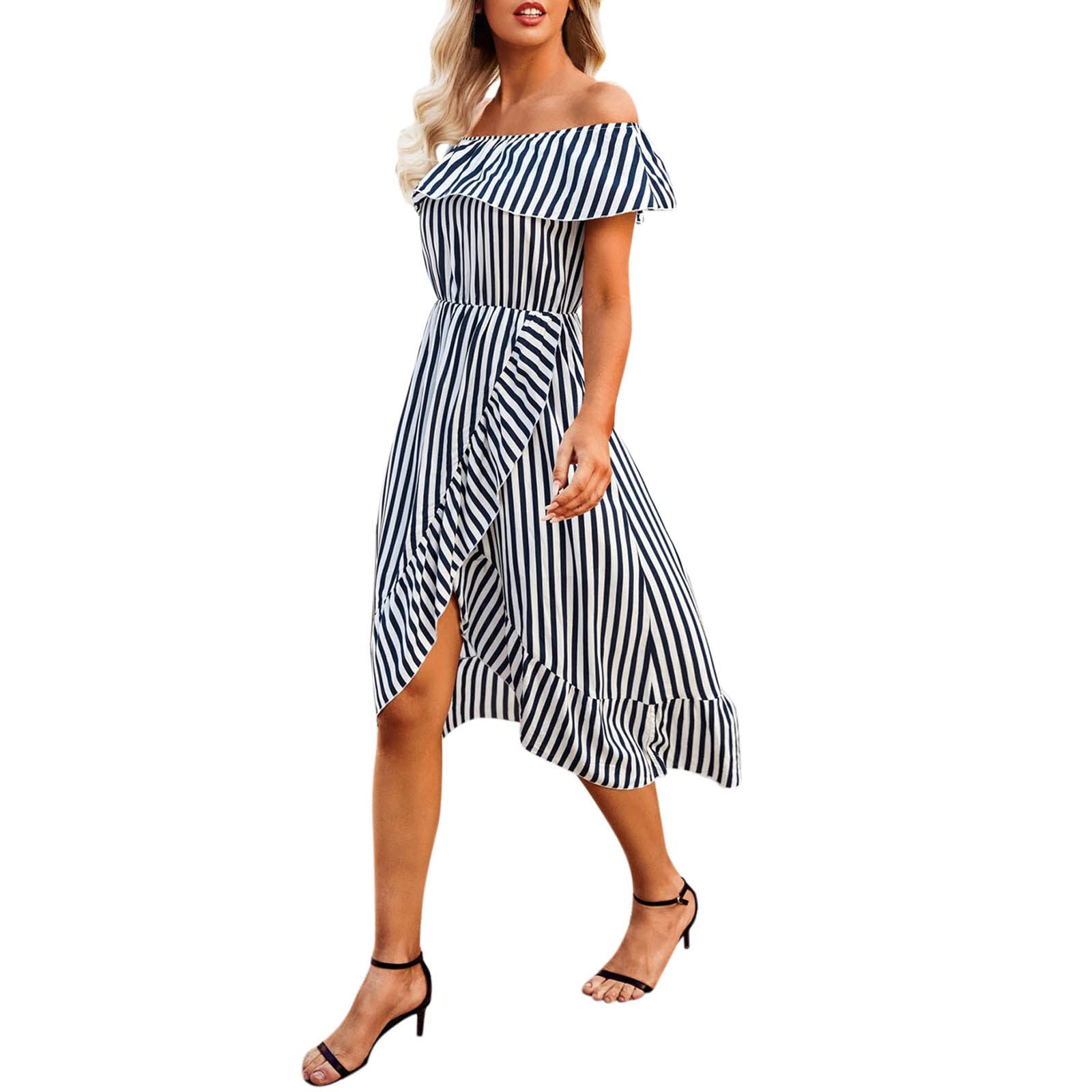 Women's Summer Off Shoulder Short Sleeve High Waist A-Line Mini Dress - Red Party Dress for Beach, Vacation & Date Night Outfits
