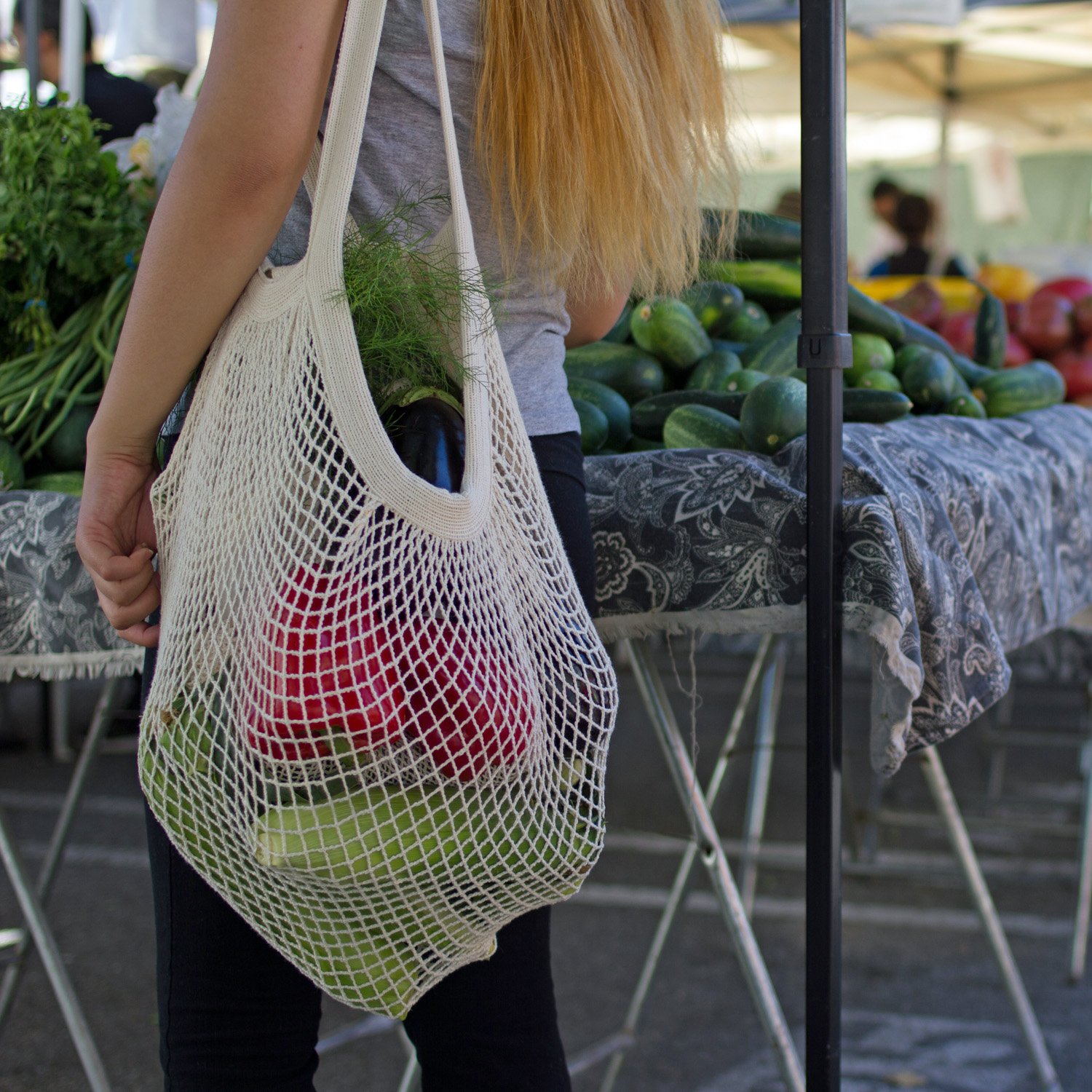 Premium Organic Cotton Heavy Duty Double Handle String Bag - Eco-Friendly Reusable Shopping Tote for Groceries, Beach & Farmers Market