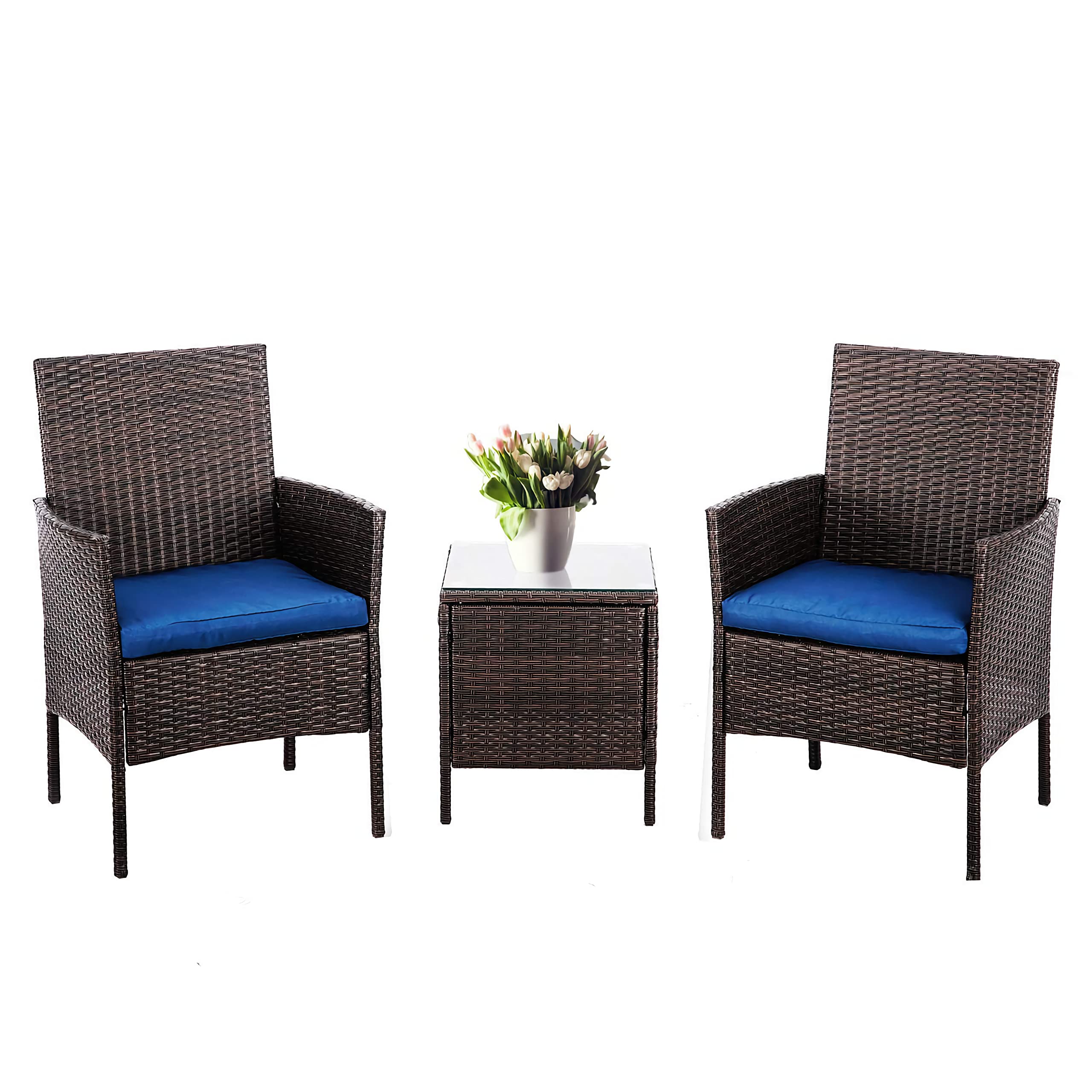 Alvino 3-Piece Patio Bistro Set - Modern Outdoor Wicker Furniture with Thick Cushions & Glass Top Coffee Table - Dark Blue Rattan Garden Conversation Set for Backyard, Poolside & Balcony Relaxation